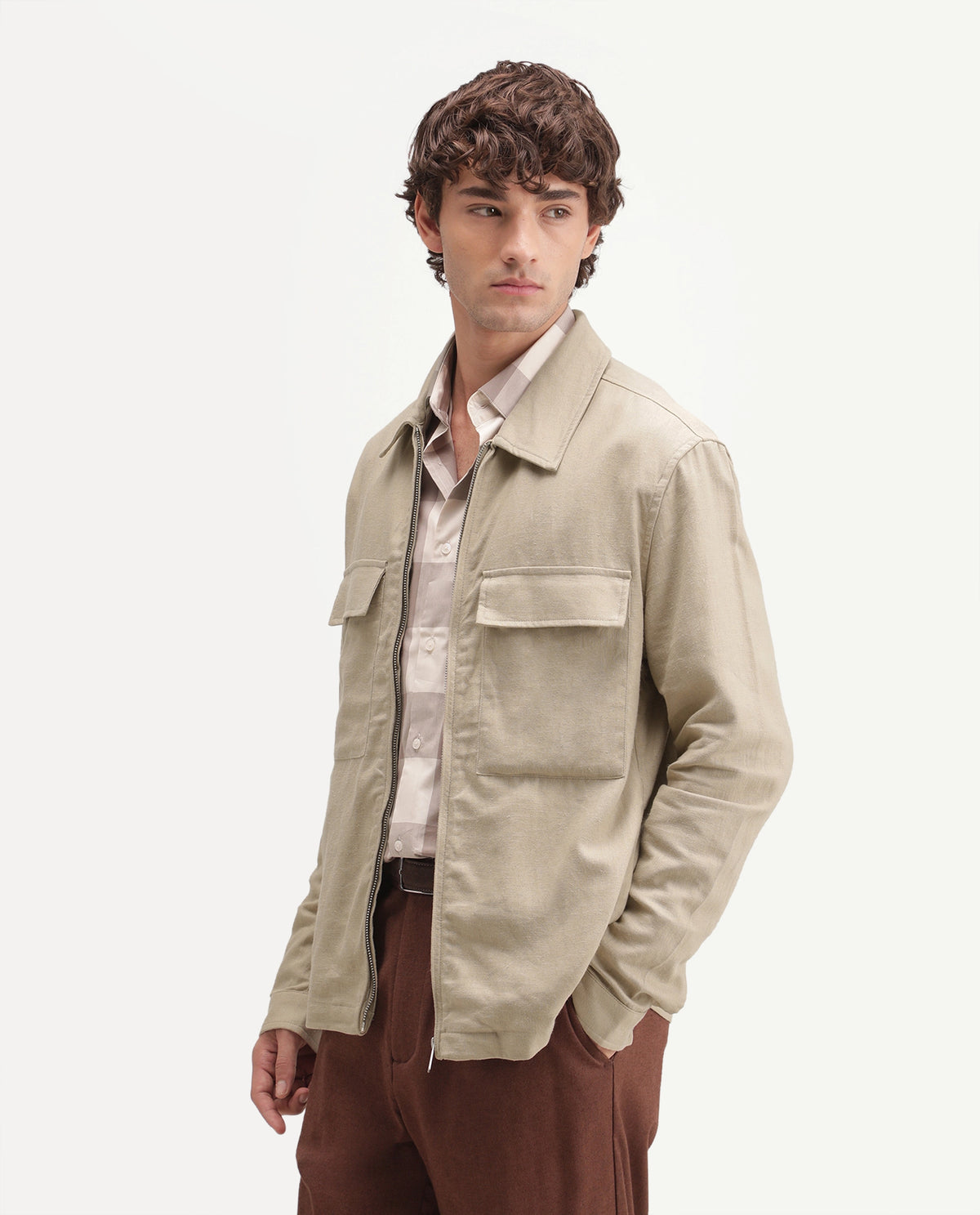 Rare Rabbit Men's Jomo-T-Aw26 Beige Linen Blend Spread Collar Relaxed Plain Shacket