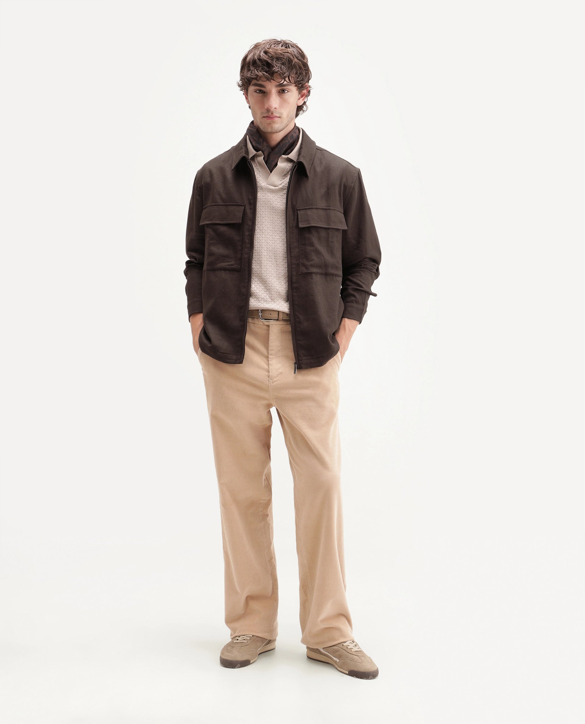 Rare Rabbit Men's Jomo-T-Aw26 Brown Linen Blend Spread Collar Relaxed Plain Shacket