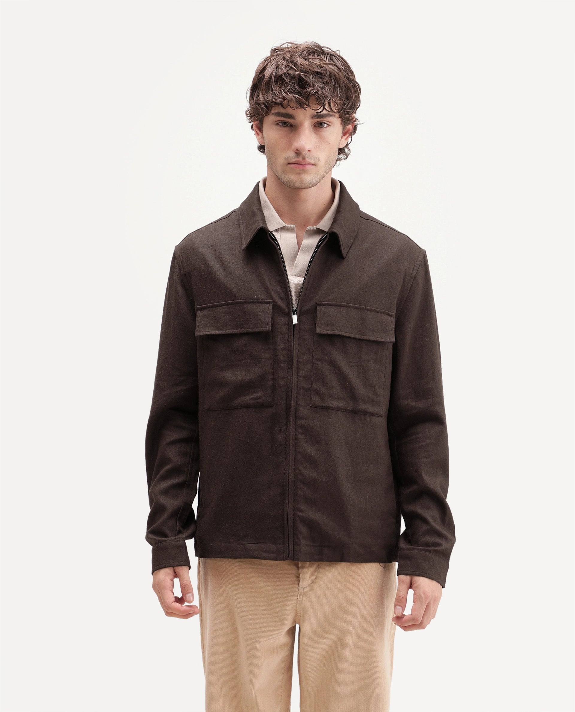 Rare Rabbit Men's Jomo-T-Aw26 Brown Linen Blend Spread Collar Relaxed Plain Shacket