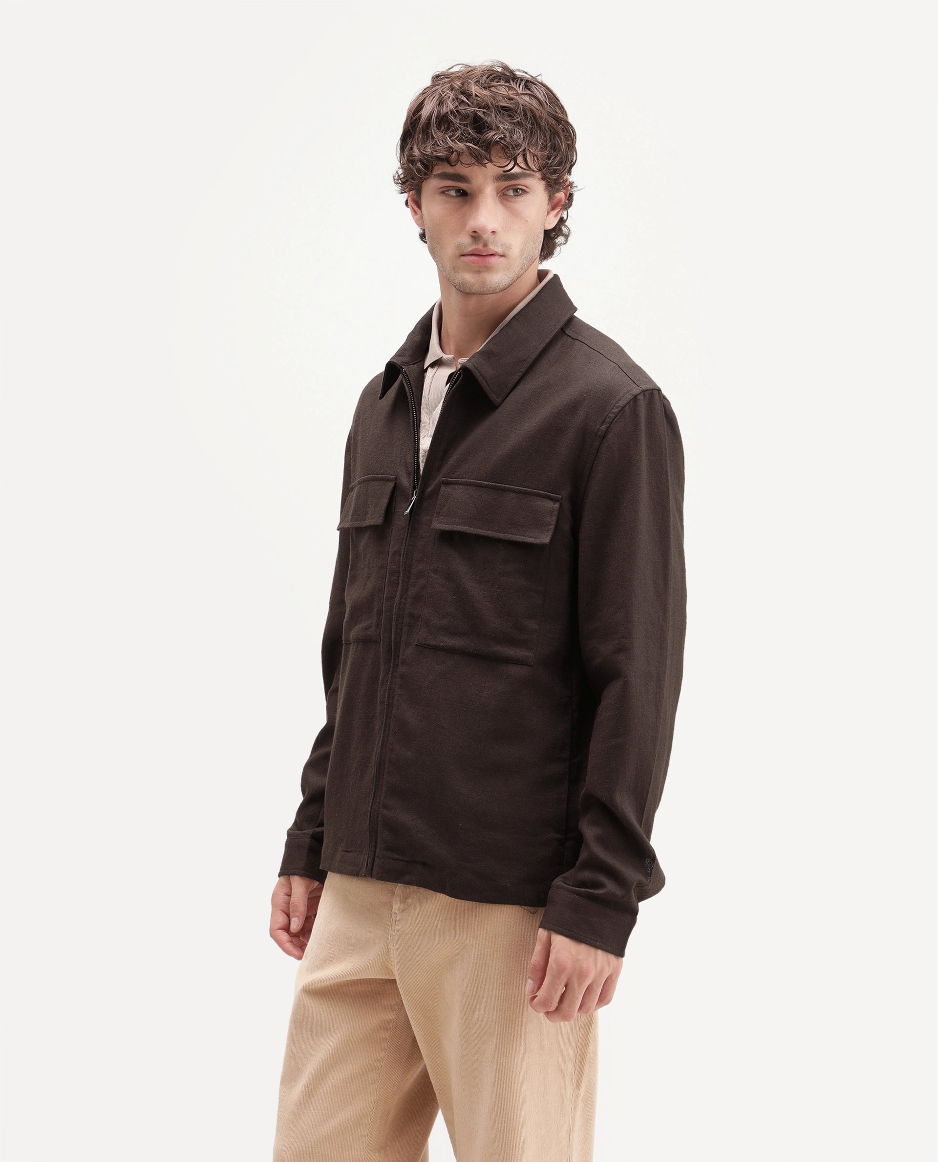 Rare Rabbit Men's Jomo-T-Aw26 Brown Linen Blend Spread Collar Relaxed Plain Shacket