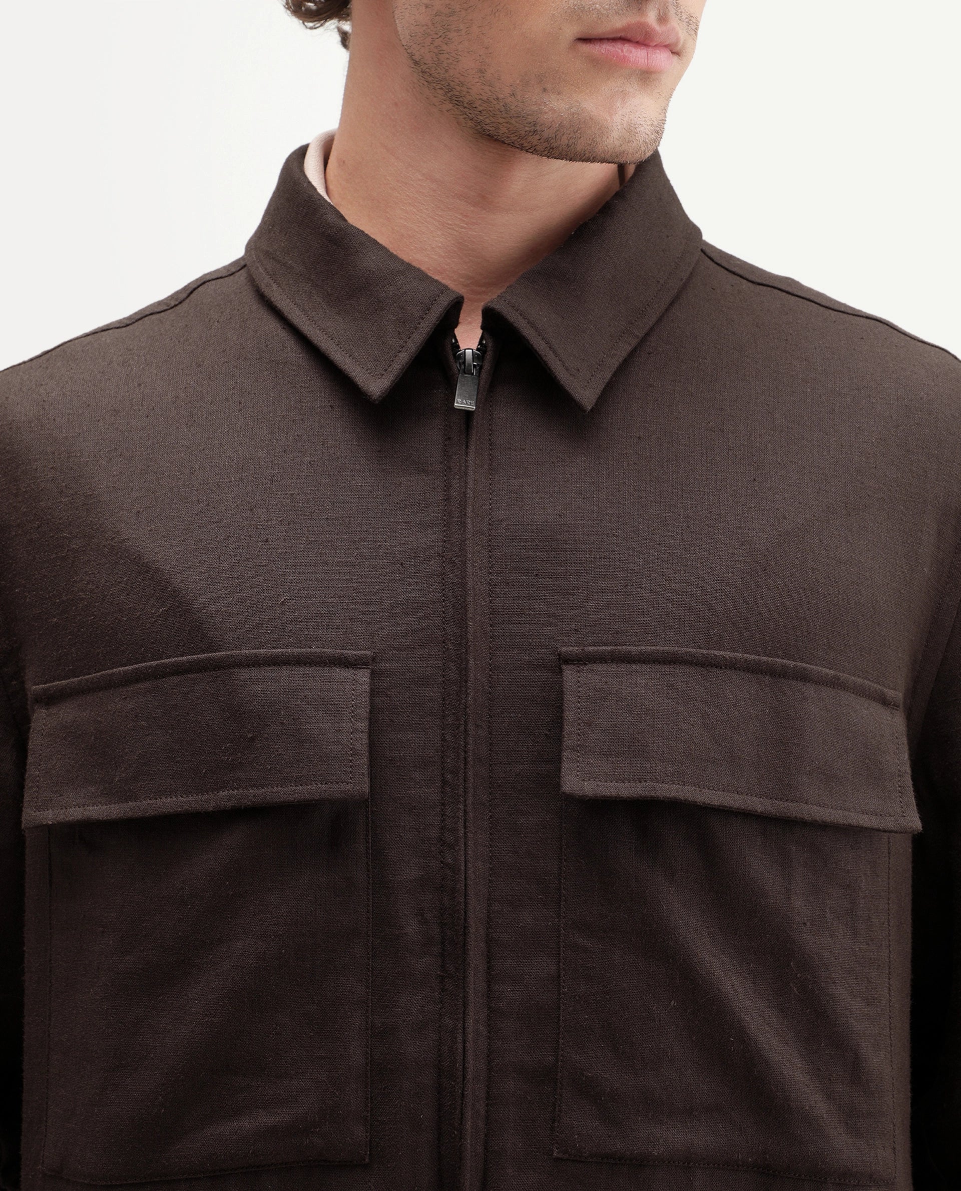 Rare Rabbit Men's Jomo-T-Aw26 Brown Linen Blend Spread Collar Relaxed Plain Shacket
