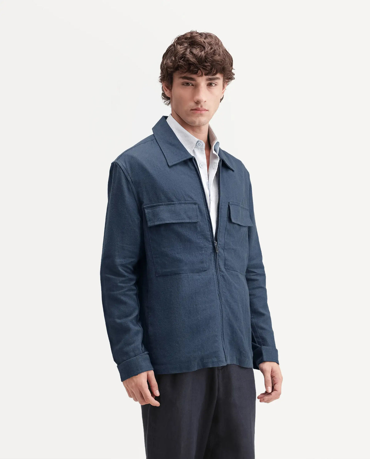 Rare Rabbit Men's Jomo-T-Aw26 Dusky Blue Linen Blend Spread Collar Relaxed Plain Shacket