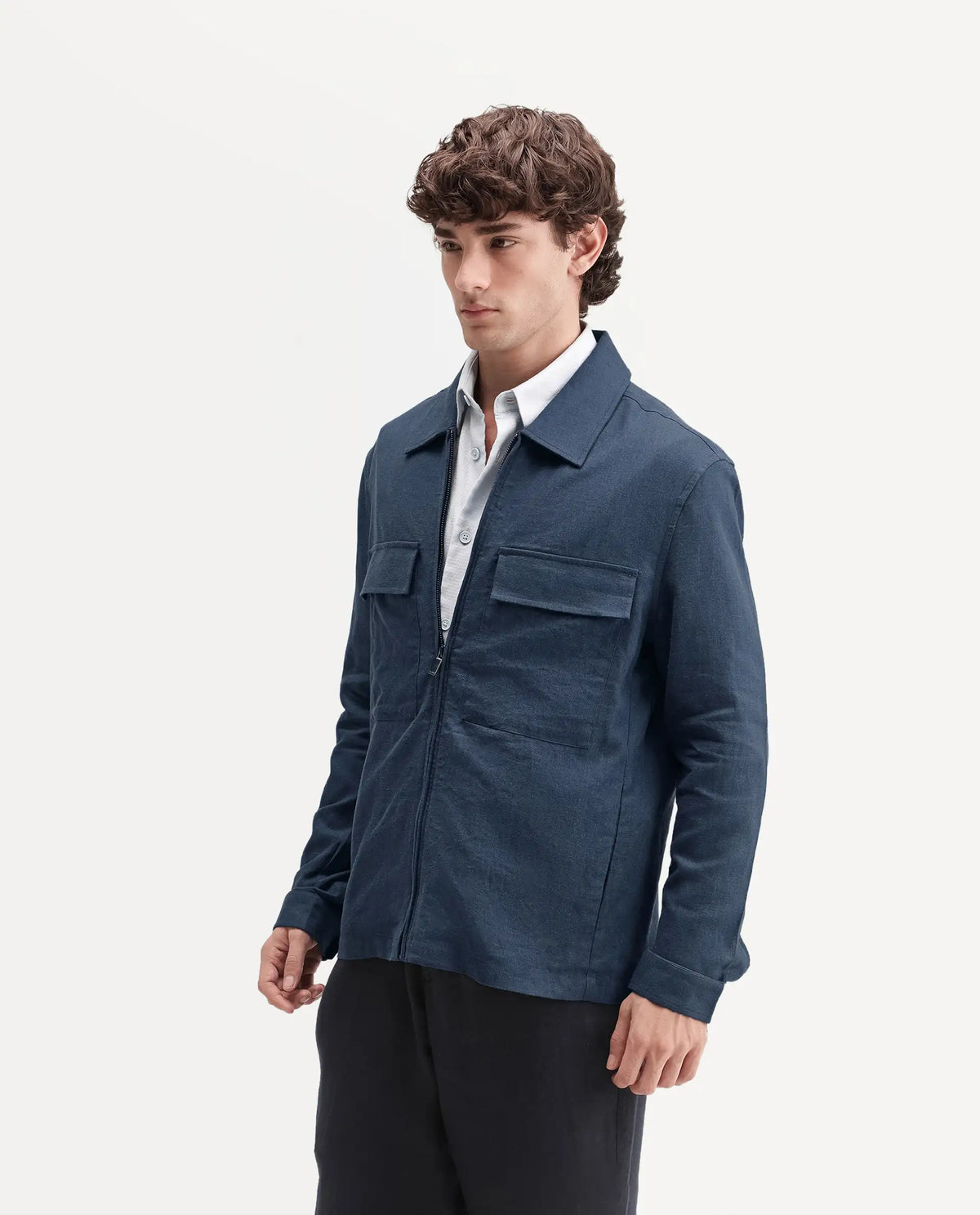Rare Rabbit Men's Jomo-T-Aw26 Dusky Blue Linen Blend Spread Collar Relaxed Plain Shacket