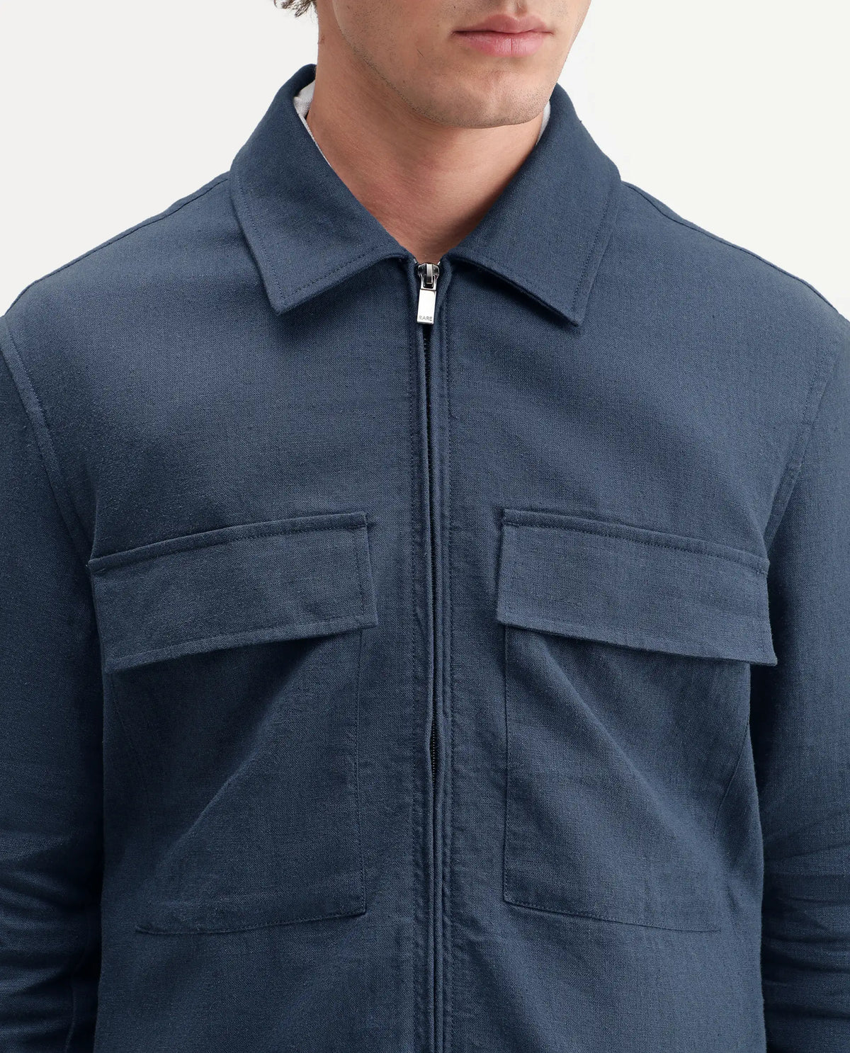 Rare Rabbit Men's Jomo-T-Aw26 Dusky Blue Linen Blend Spread Collar Relaxed Plain Shacket