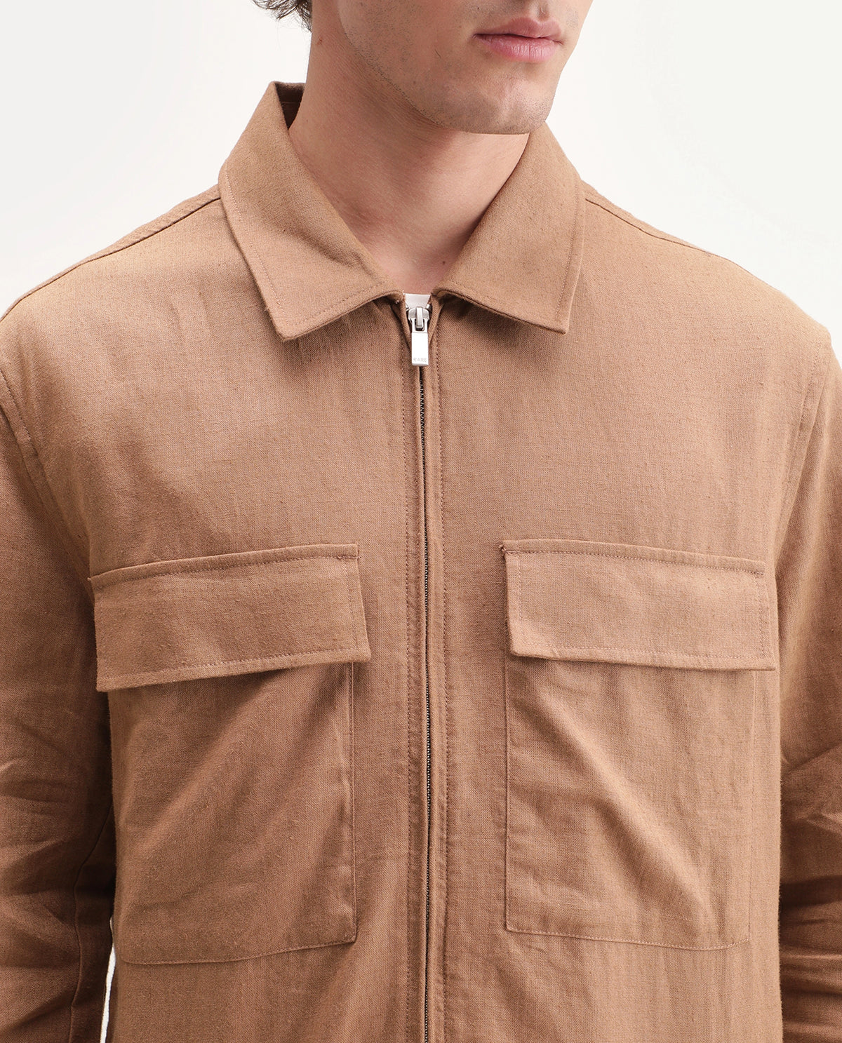 Rare Rabbit Men's Jomo-T-Aw26 Dusky Mustard Linen Blend Spread Collar Relaxed Plain Shacket