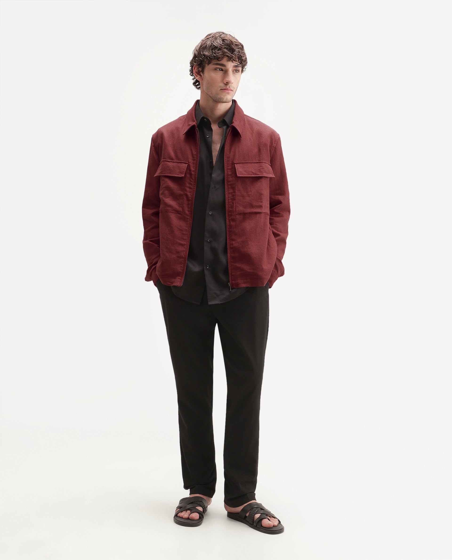 Rare Rabbit Men's Jomo-T-Aw26 Red Linen Blend Spread Collar Zipper Regular Plain Shacket