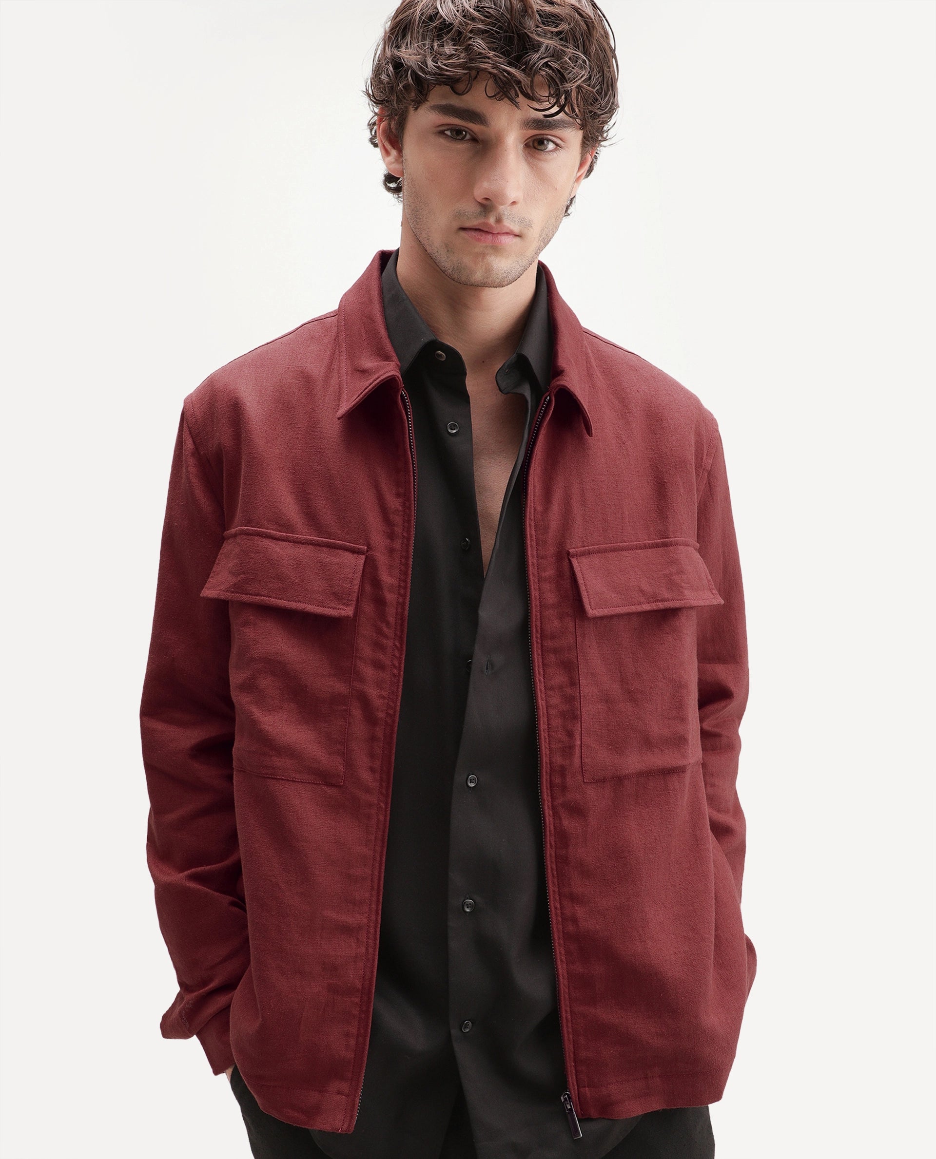 Rare Rabbit Men's Jomo-T-Aw26 Red Linen Blend Spread Collar Zipper Regular Plain Shacket