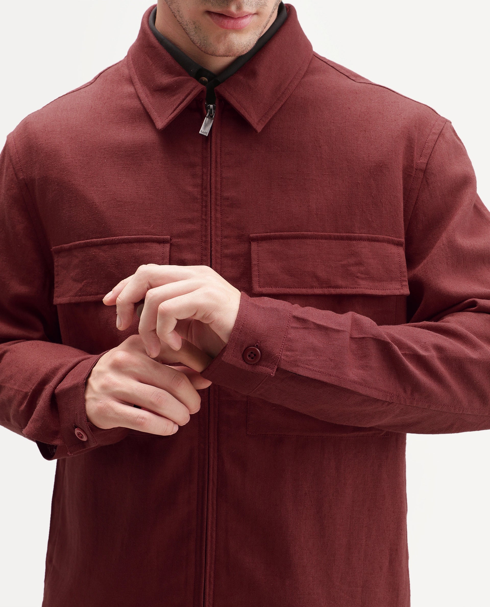 Rare Rabbit Men's Jomo-T-Aw26 Red Linen Blend Spread Collar Zipper Regular Plain Shacket