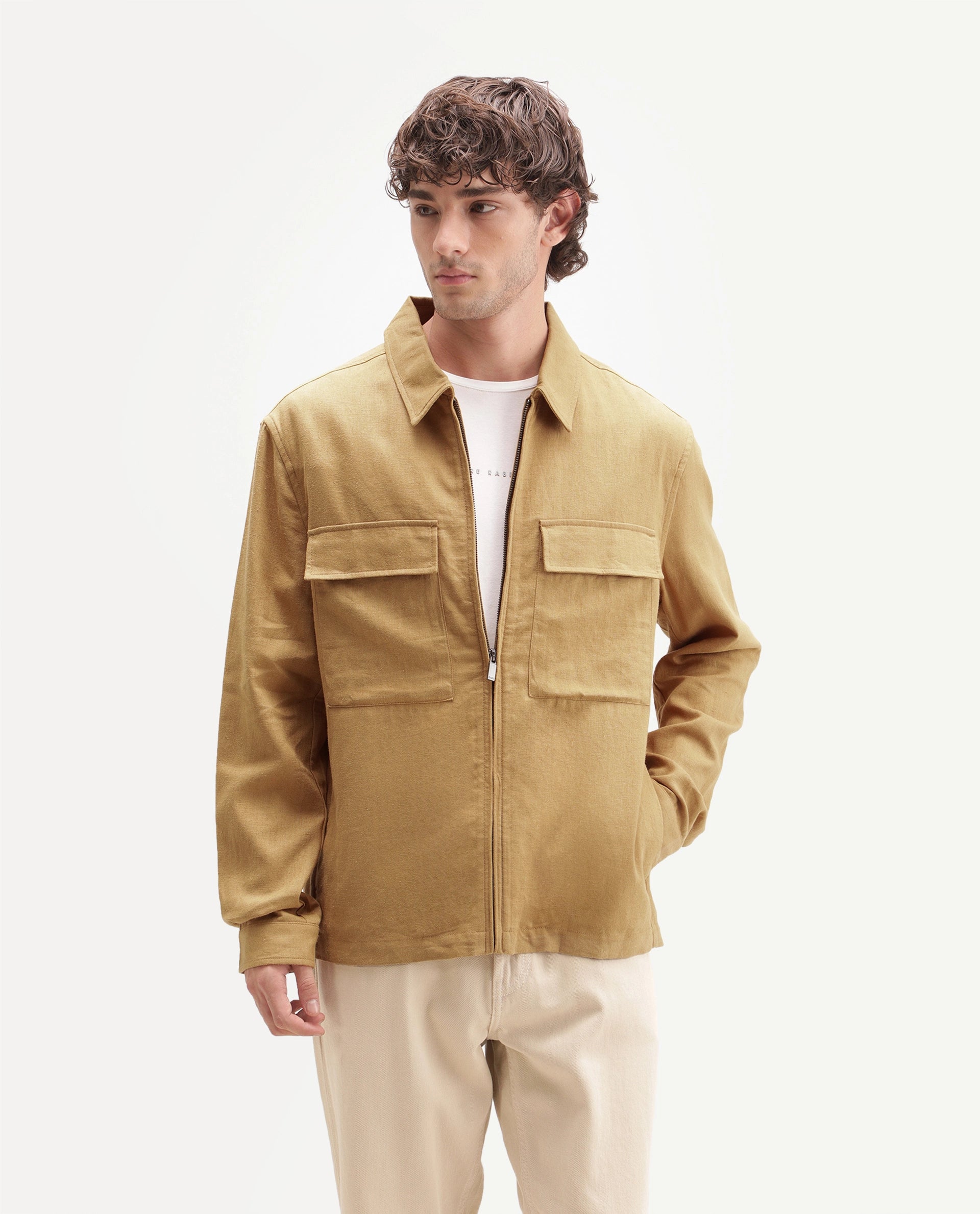 Rare Rabbit Men's Jomo-T-Aw26 Mustard Linen Blend Spread Collar Relaxed Plain Shacket