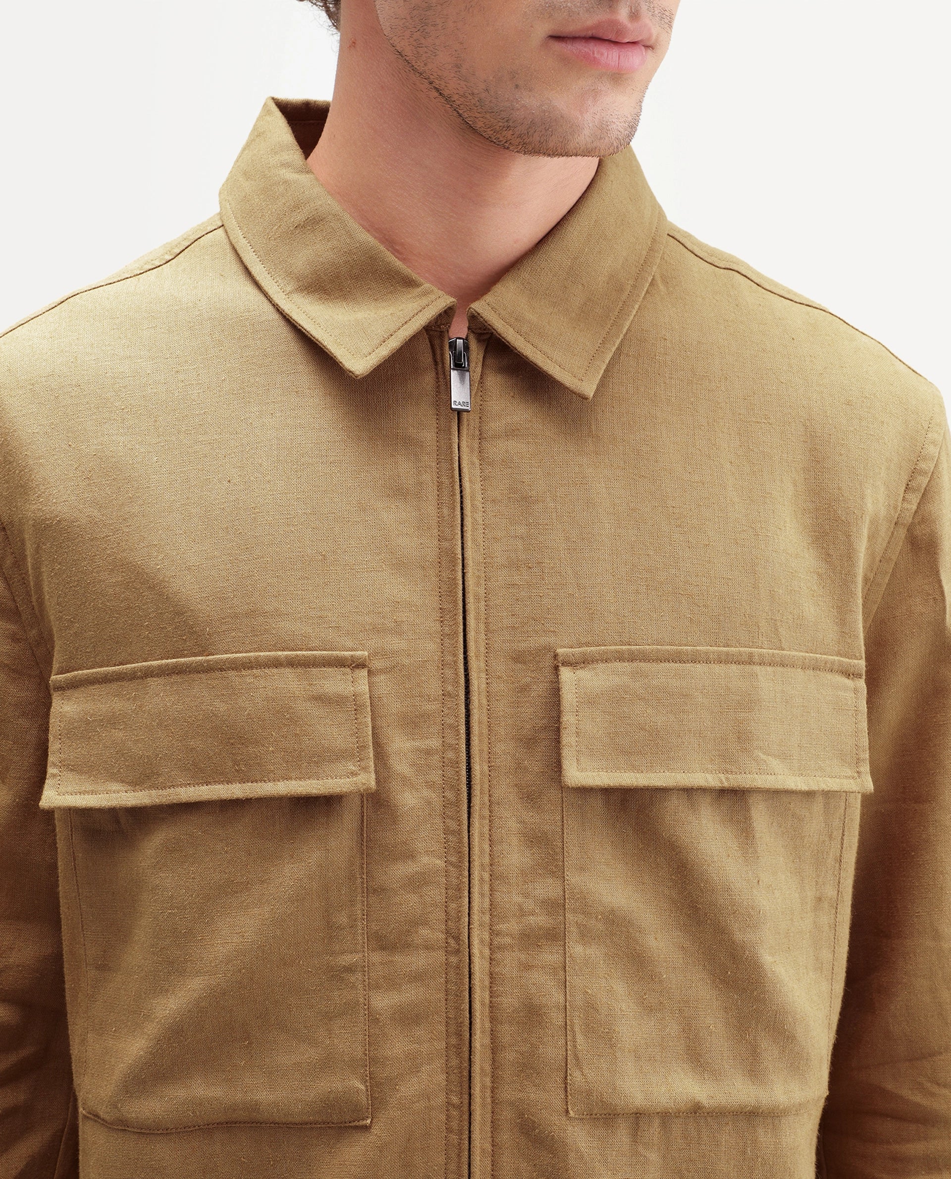 Rare Rabbit Men's Jomo-T-Aw26 Mustard Linen Blend Spread Collar Relaxed Plain Shacket