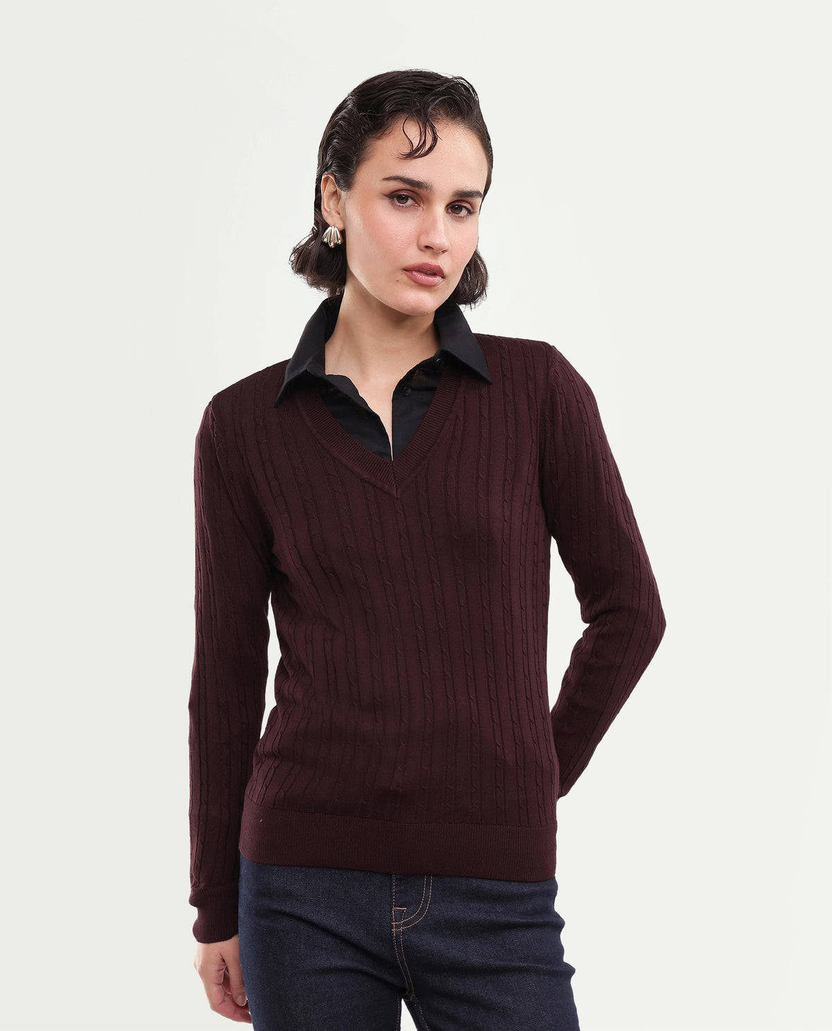 Rareism Women's Lizmit Dark Maroon Viscose V-Neck Relaxed Plain Sweater
