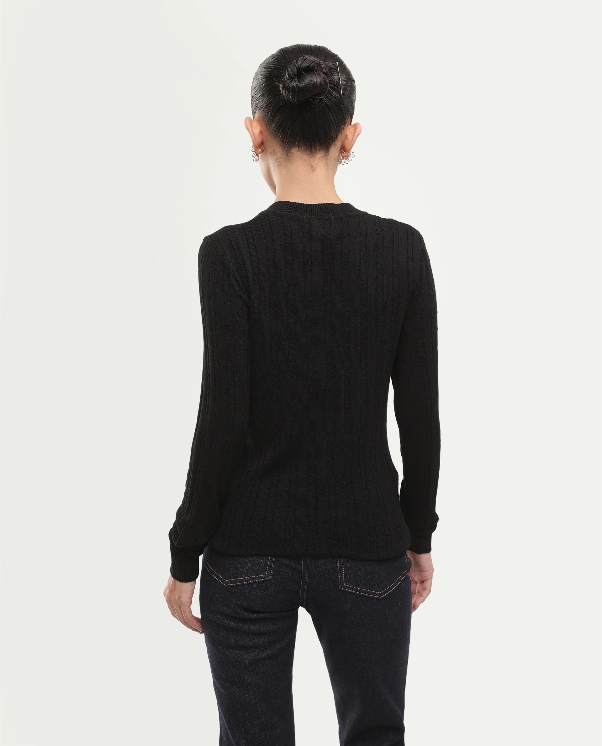 Rareism Women's Lizmit Black Viscose V-Neck Relaxed Plain Sweater
