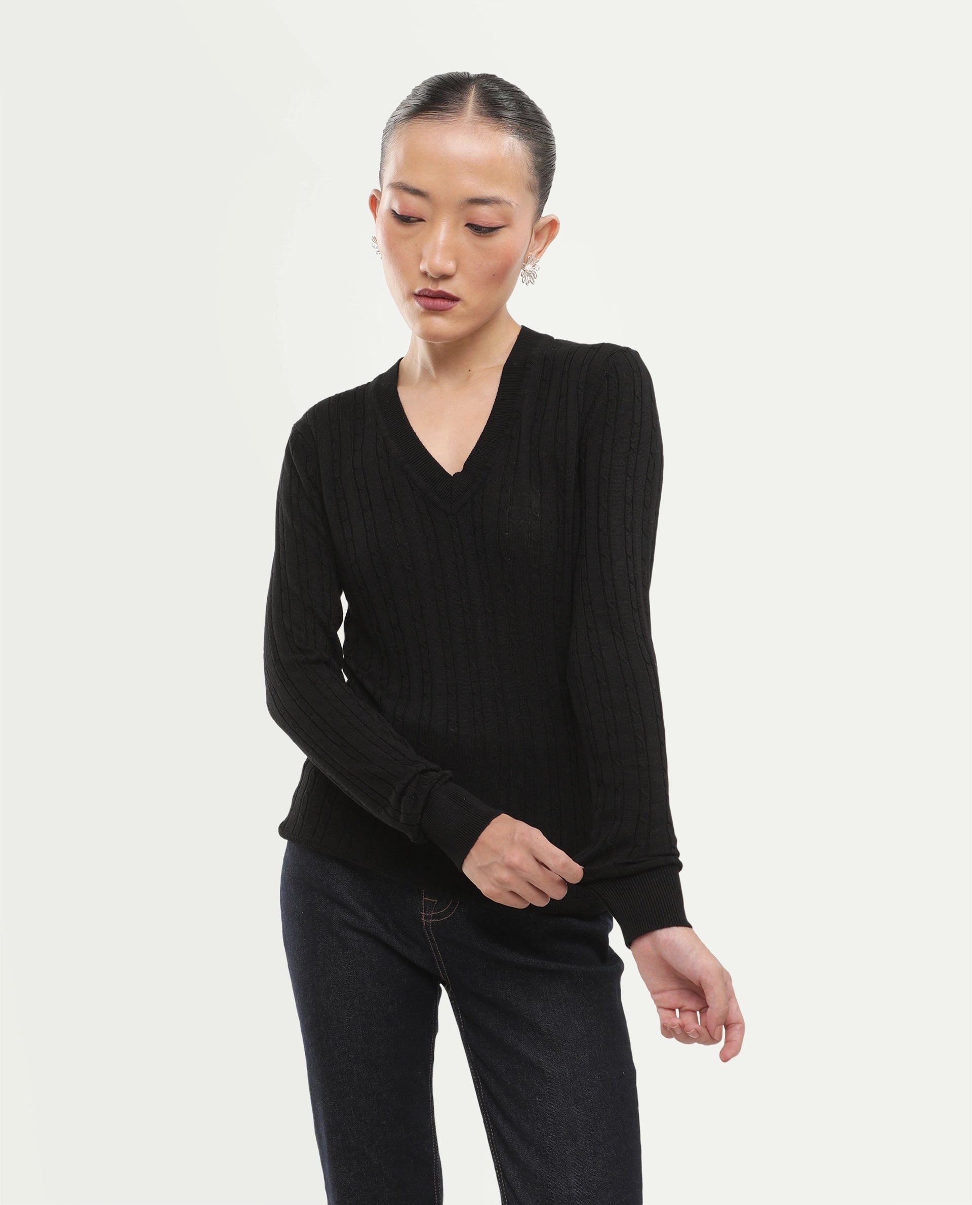 Rareism Women's Lizmit Black Viscose V-Neck Relaxed Plain Sweater