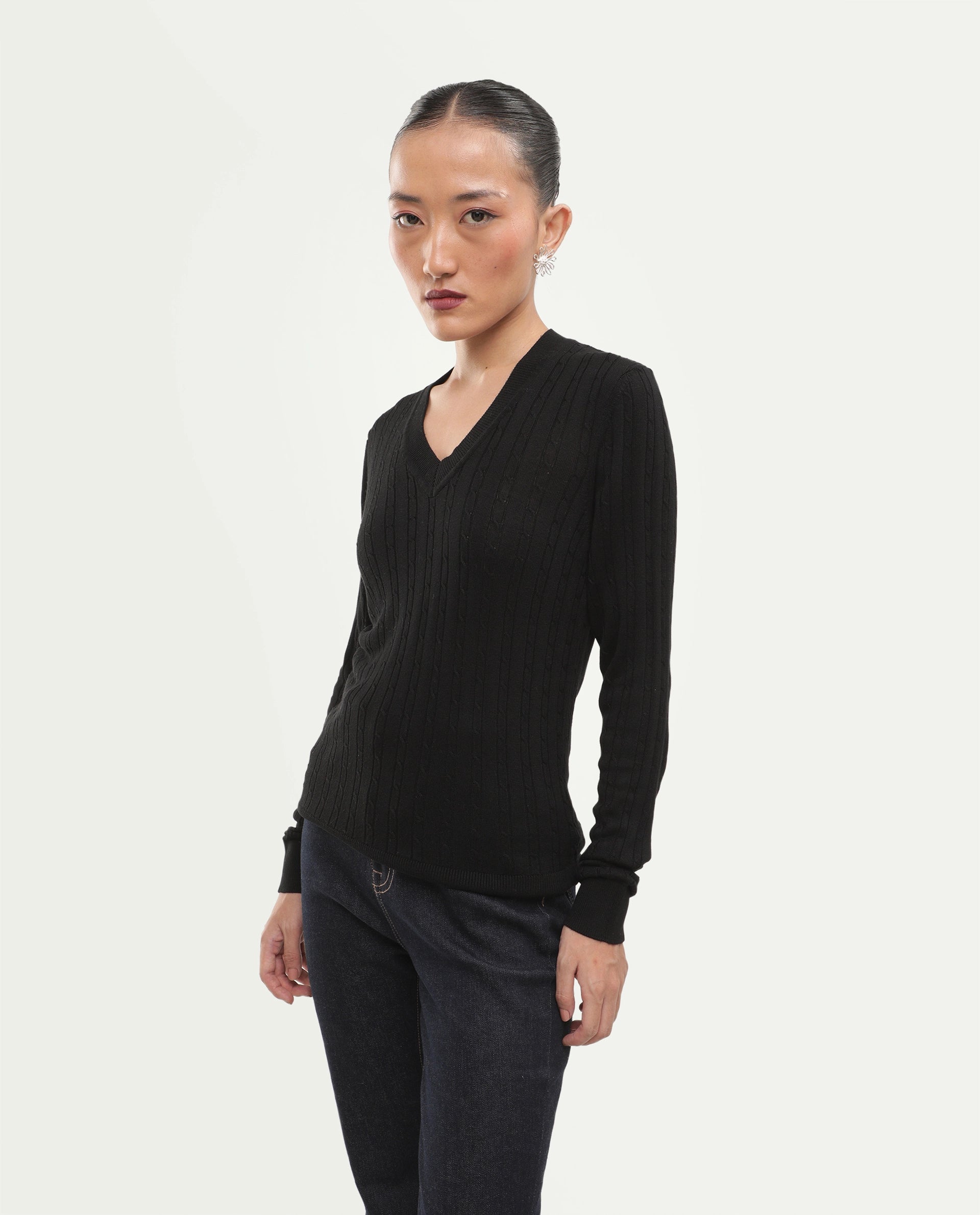 Rareism Women's Lizmit Black Viscose V-Neck Relaxed Plain Sweater