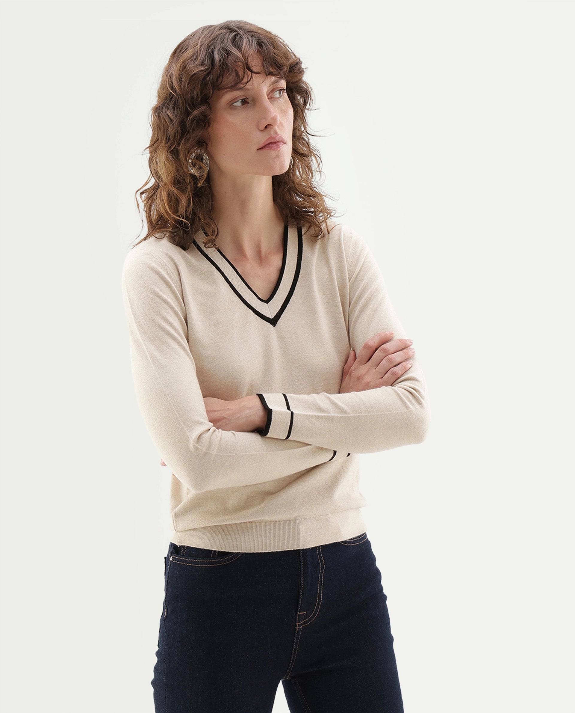 Rareism Women's Lanbo Off White Viscose Blend V-Neck Regular Plain Sweater