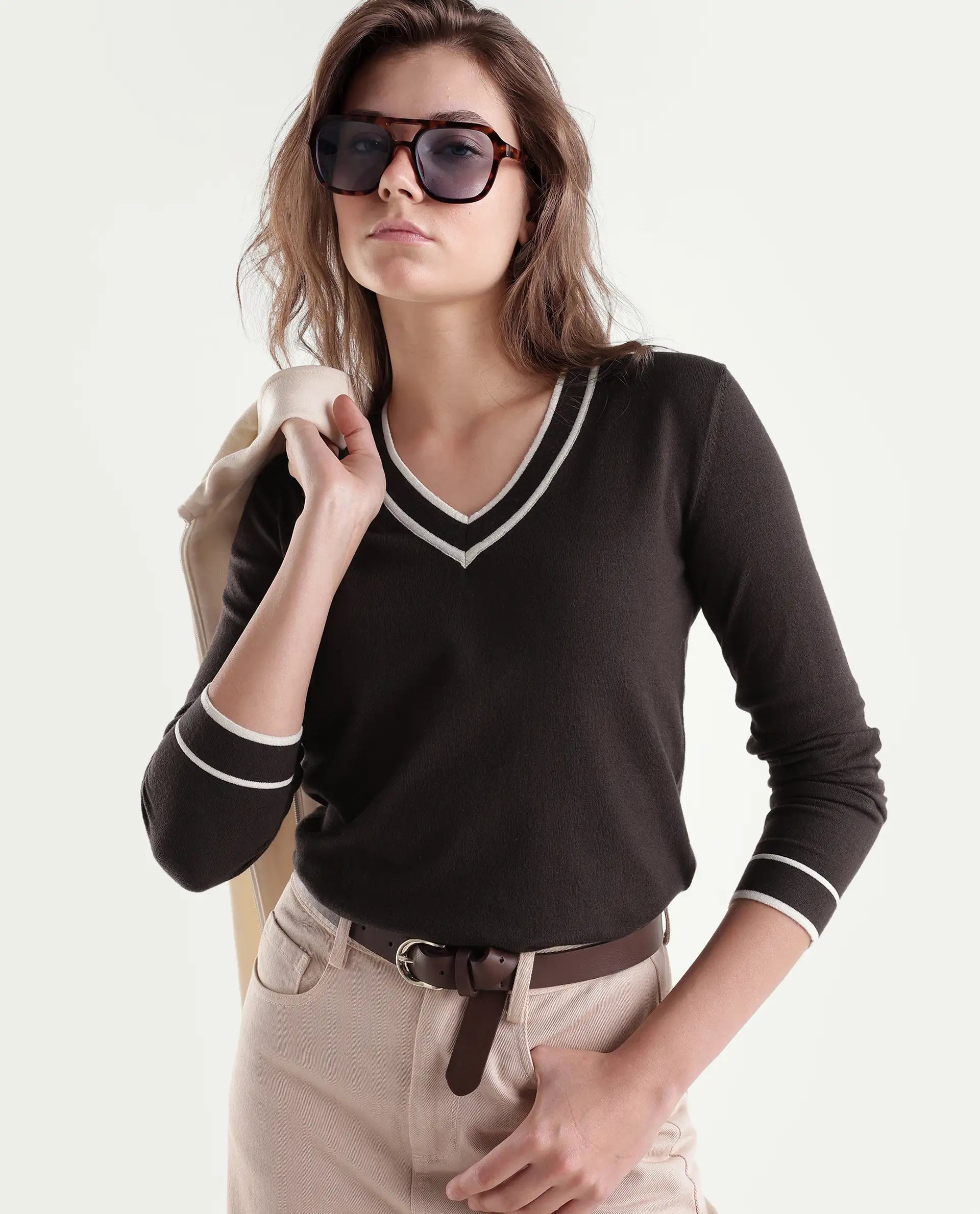 Rareism Women's Lanbo Dark Brown Viscose Blend V-Neck Regular Plain Sweater