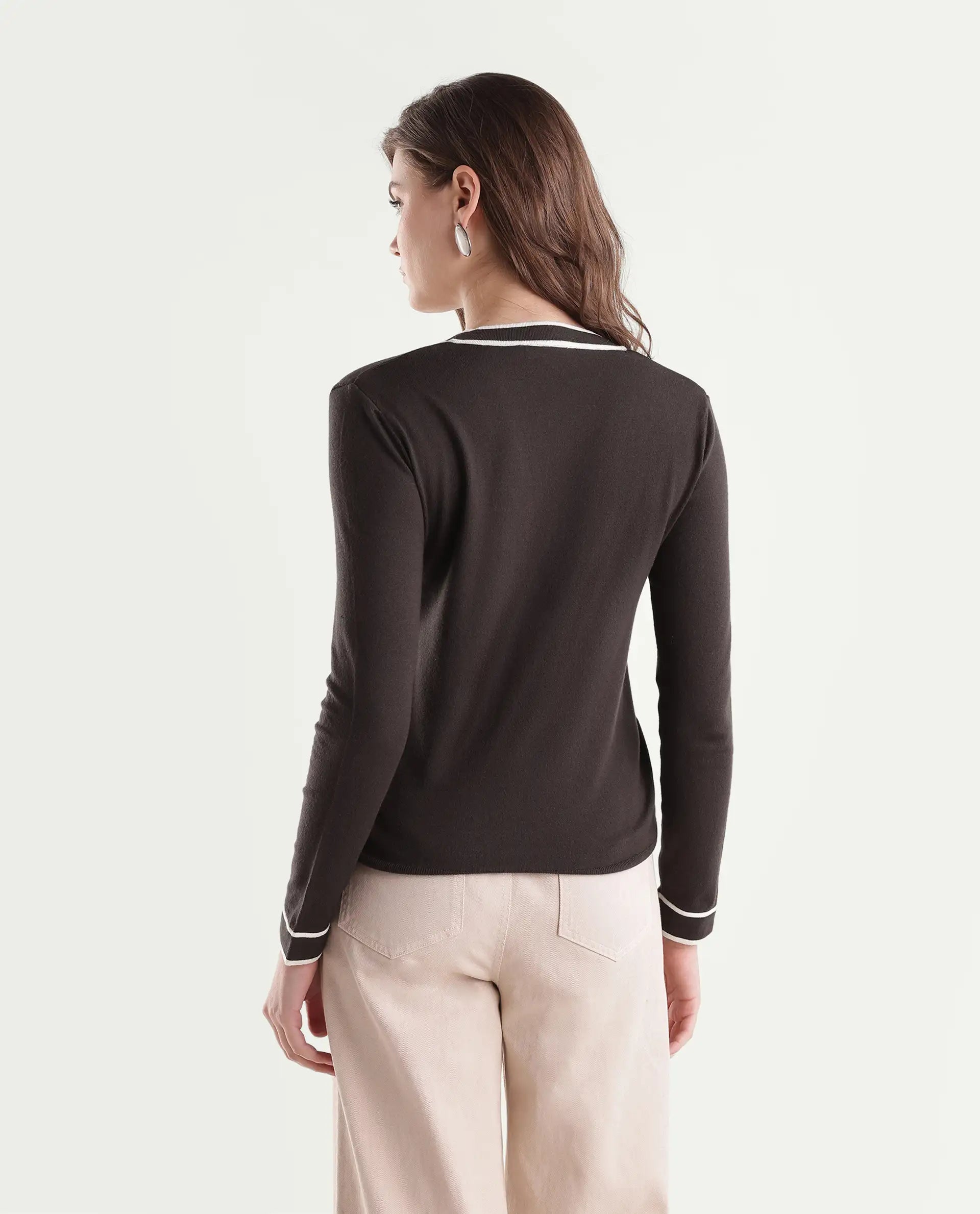 Rareism Women's Lanbo Dark Brown Viscose Blend V-Neck Regular Plain Sweater