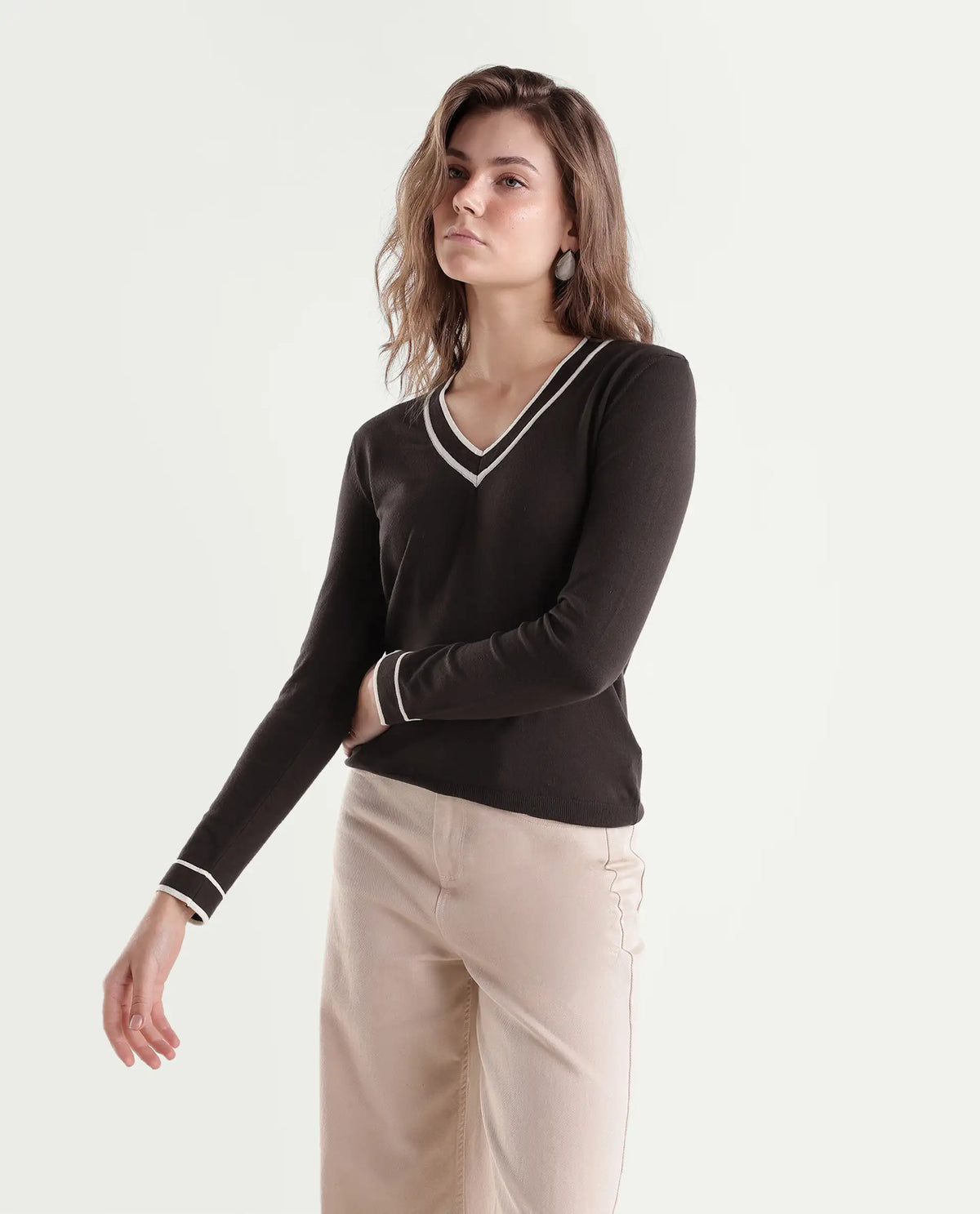 Rareism Women's Lanbo Dark Brown Viscose Blend V-Neck Regular Plain Sweater