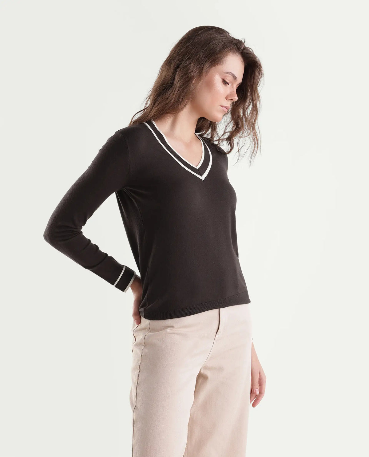 Rareism Women's Lanbo Dark Brown Viscose Blend V-Neck Regular Plain Sweater