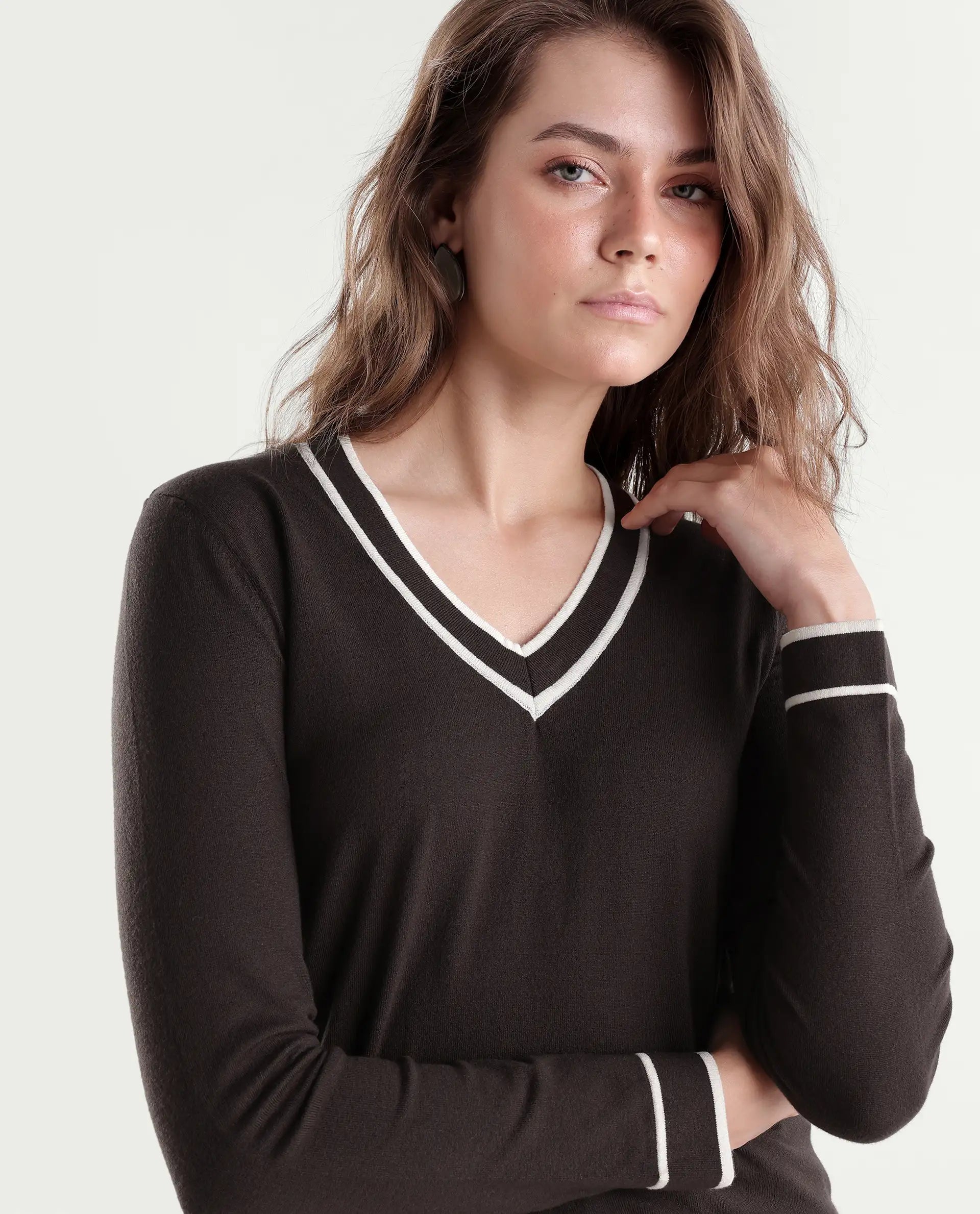 Rareism Women's Lanbo Dark Brown Viscose Blend V-Neck Regular Plain Sweater