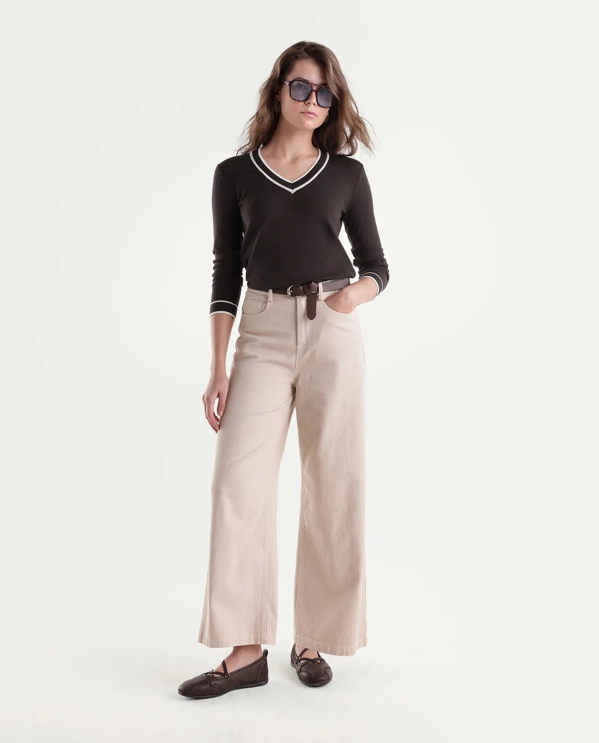 Rareism Women's Lanbo Dark Brown Viscose Blend V-Neck Regular Plain Sweater