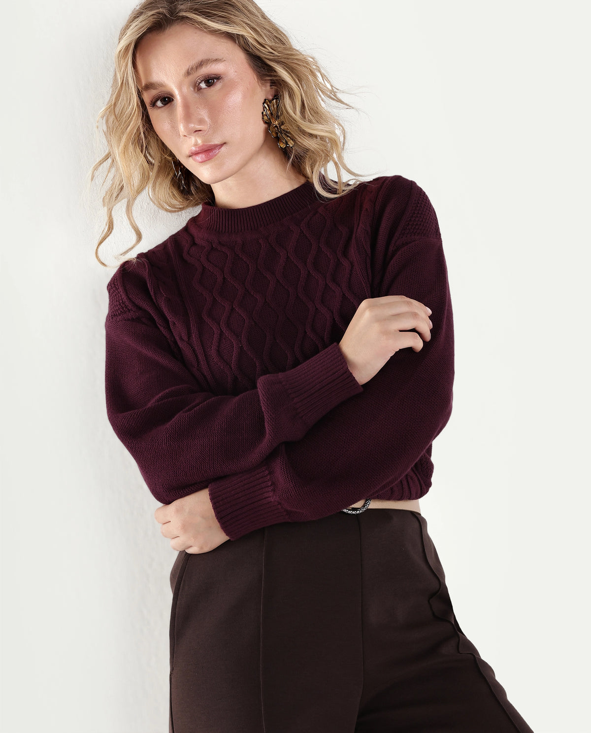 Rareism Women's Lak Dark Maroon Cotton Pull-On Oversized Fit Sweater - image 1