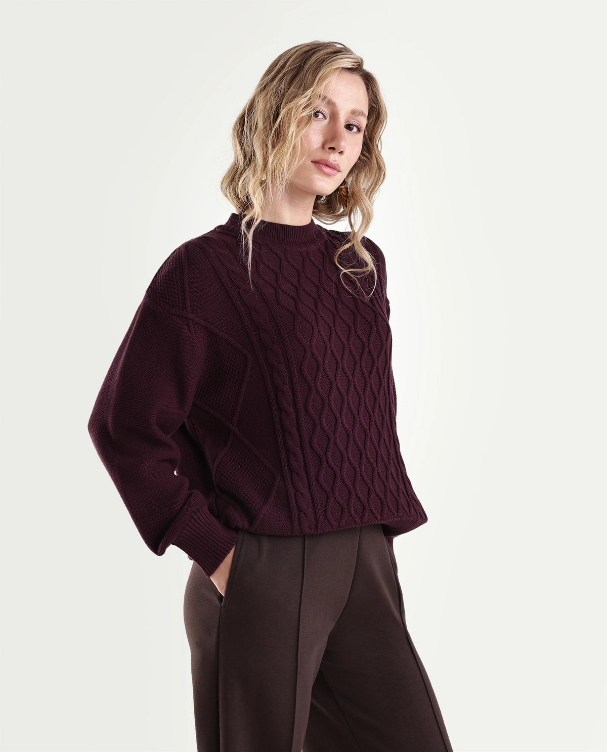 Rareism Women's Lak Dark Maroon Cotton Pull-On Oversized Fit Sweater - image 3