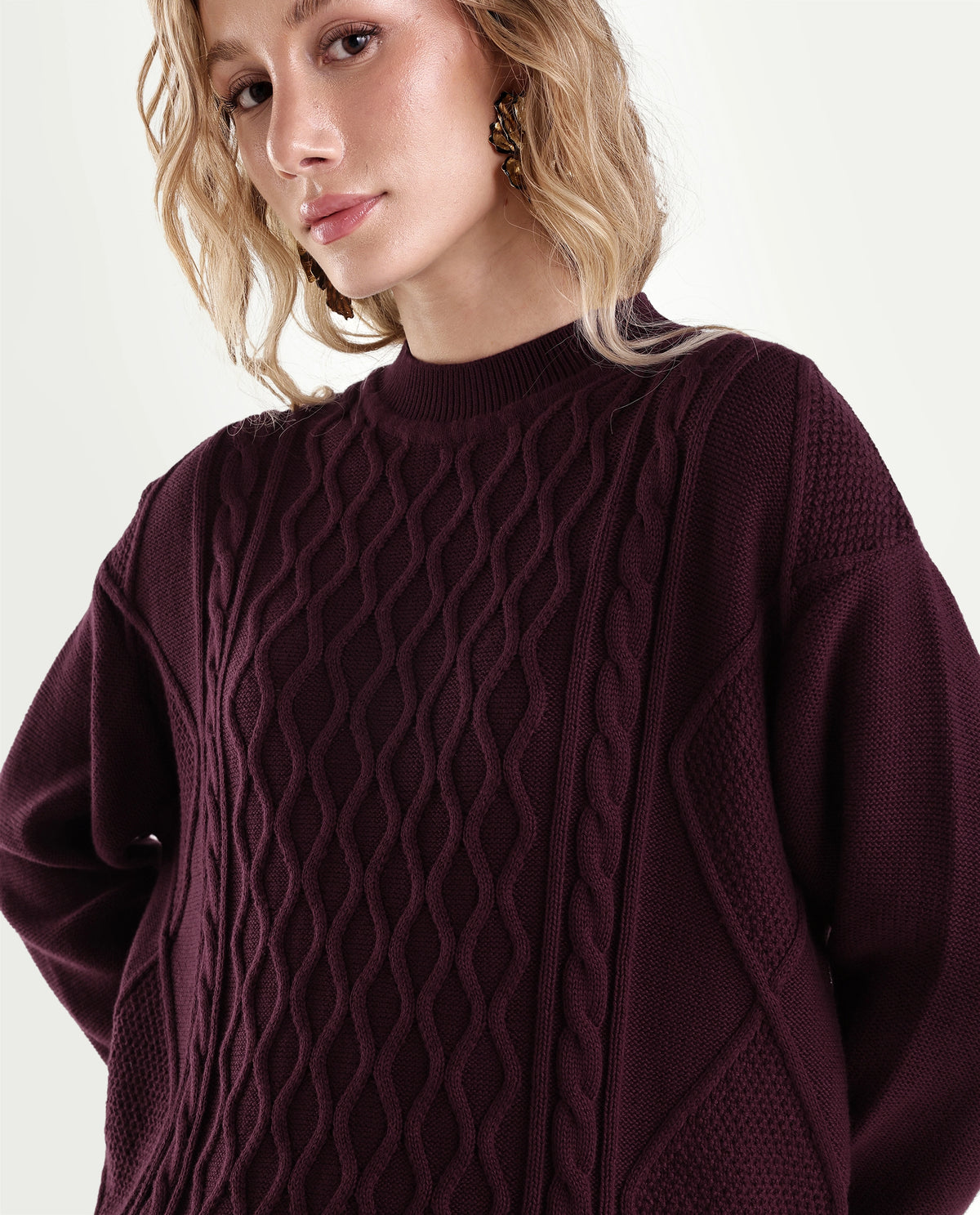 Rareism Women's Lak Dark Maroon Cotton Pull-On Oversized Fit Sweater - image 4
