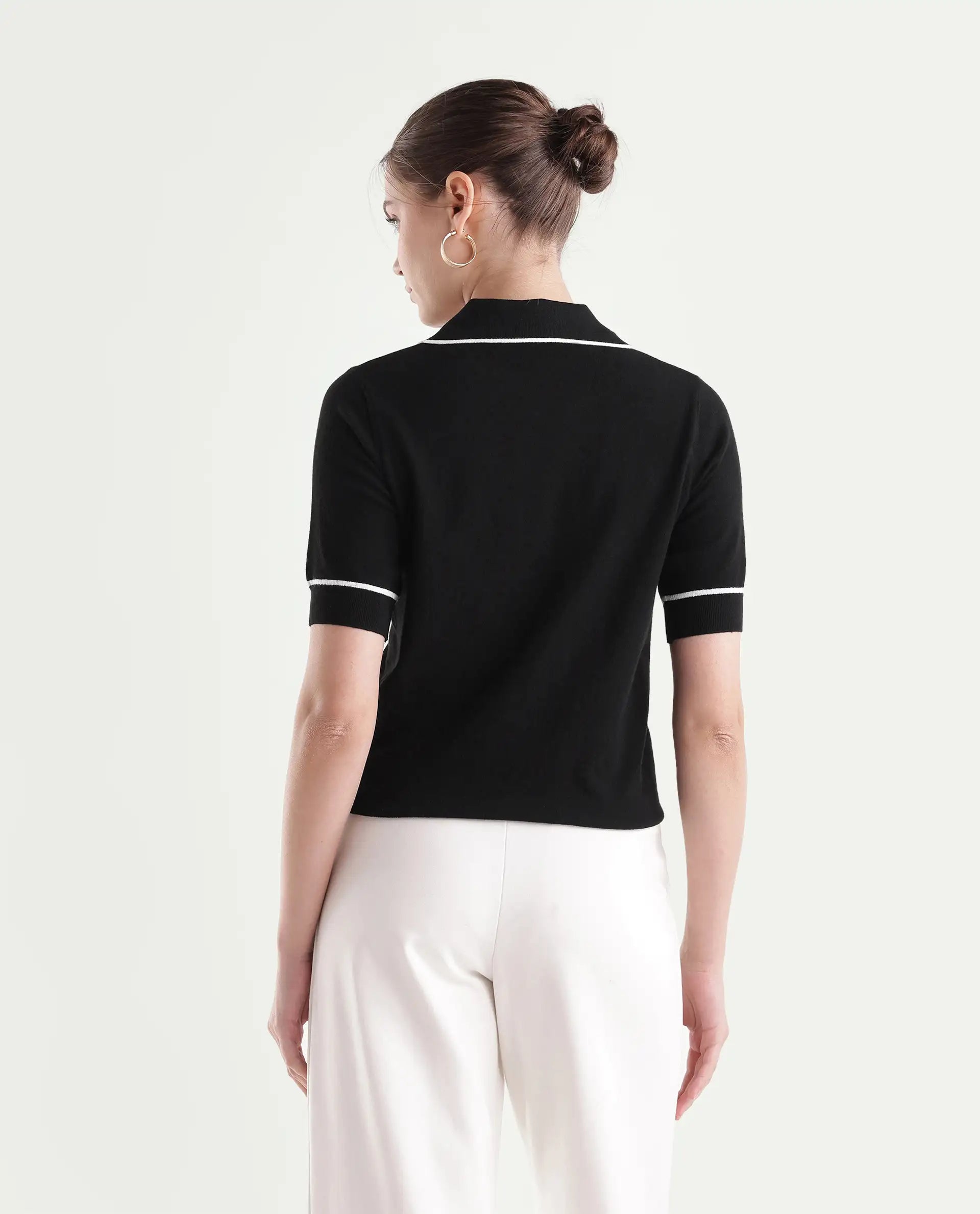 Rareism Women's Lolo Black Viscose Blend Spread Collar Regular Plain Polo