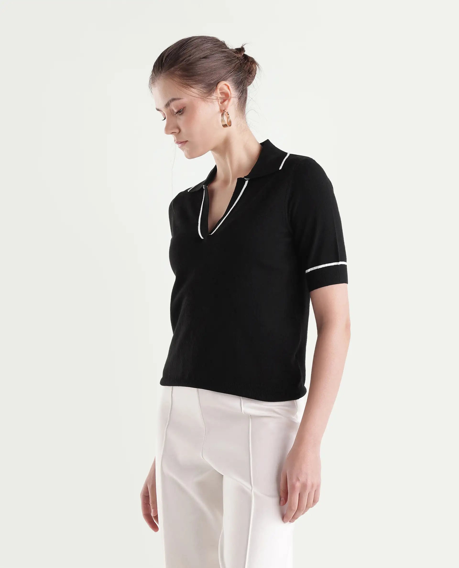 Rareism Women's Lolo Black Viscose Blend Spread Collar Regular Plain Polo