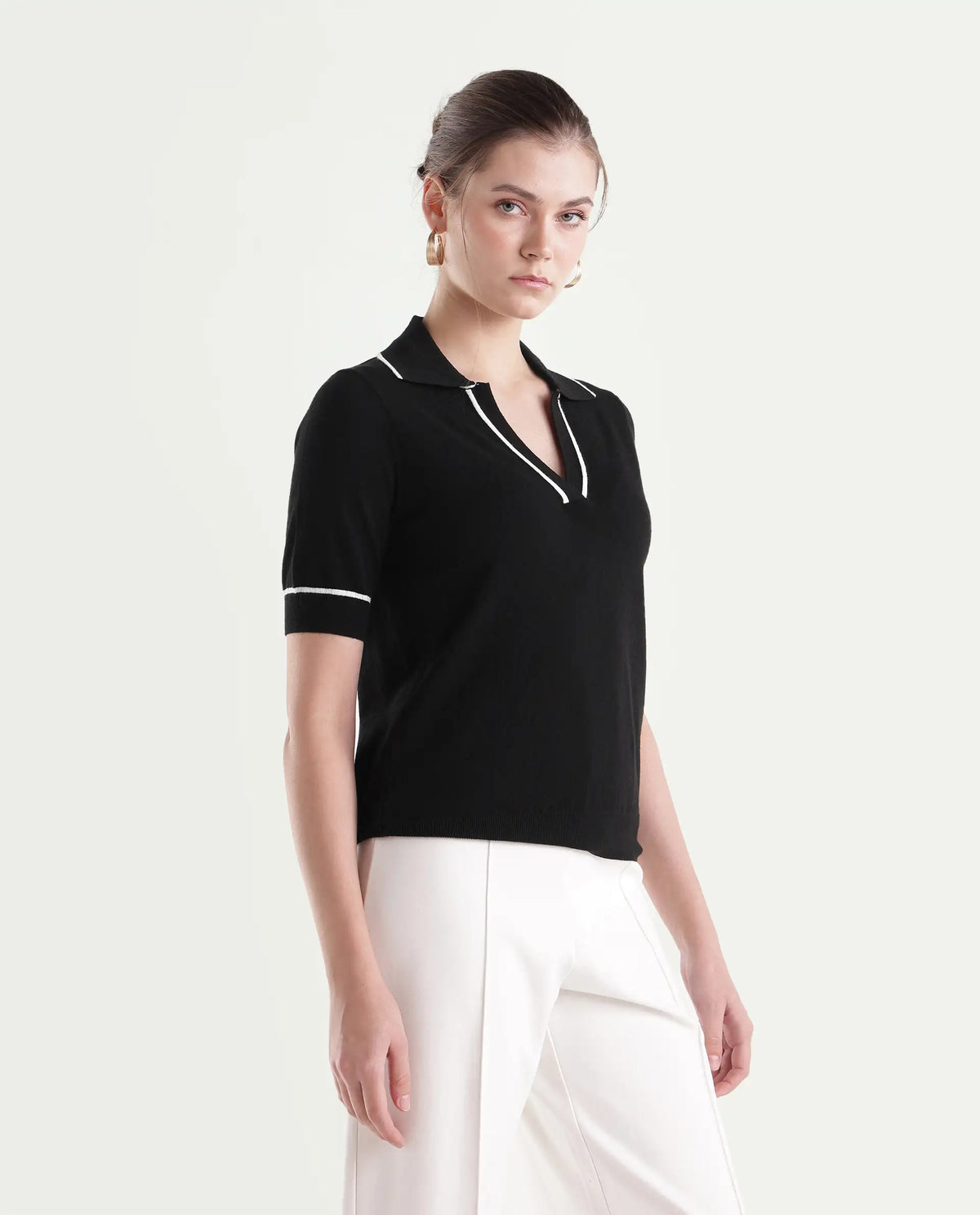 Rareism Women's Lolo Black Viscose Blend Spread Collar Regular Plain Polo