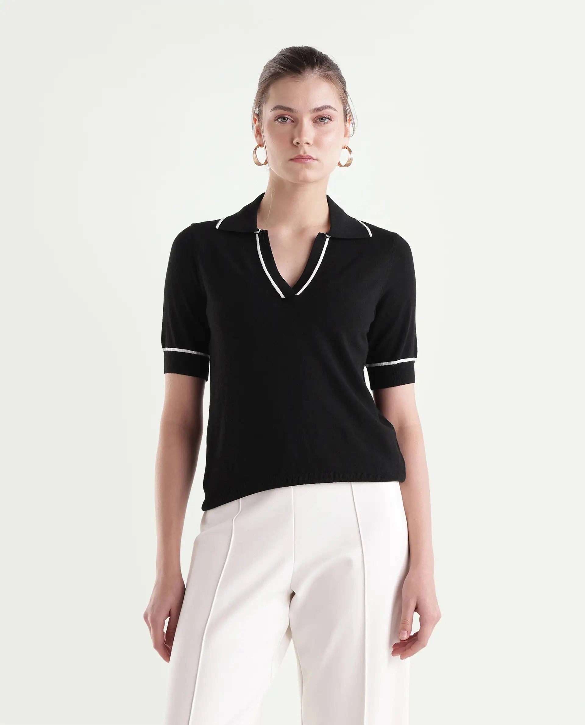 Rareism Women's Lolo Black Viscose Blend Spread Collar Regular Plain Polo