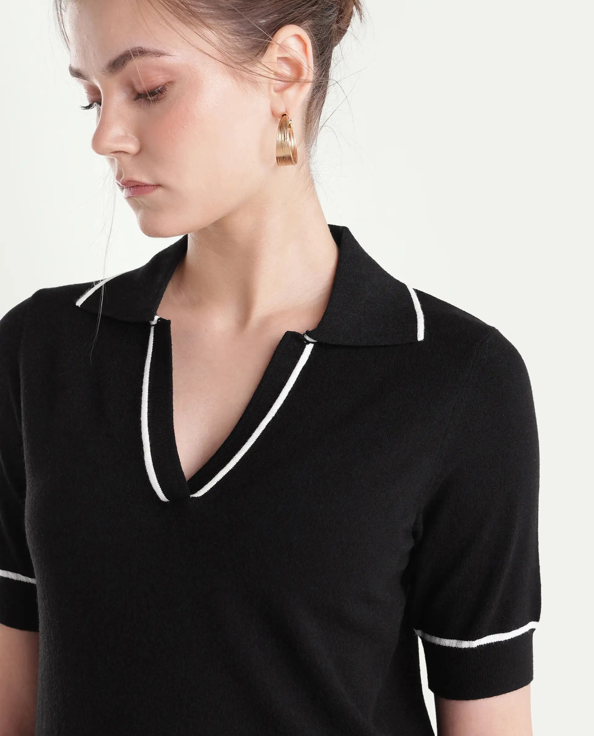 Rareism Women's Lolo Black Viscose Blend Spread Collar Regular Plain Polo