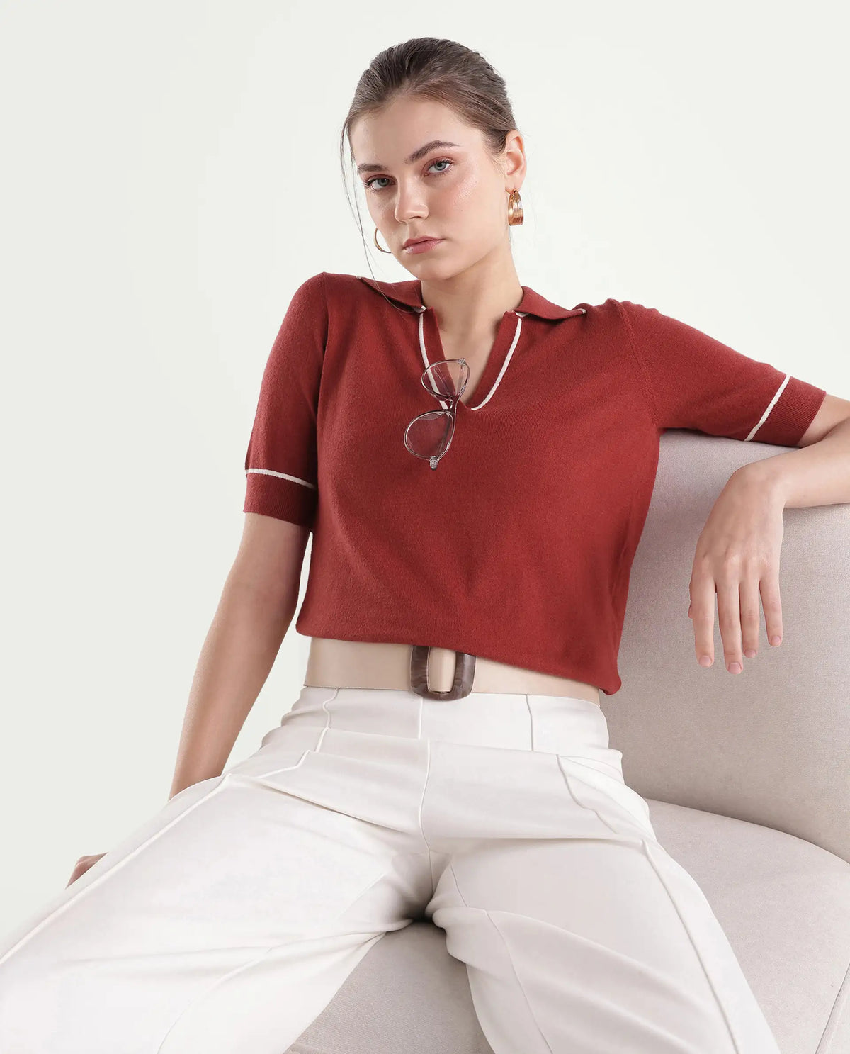 Rareism Women's Lolo Dark Red Viscose Blend Spread Collar Regular Plain Polo