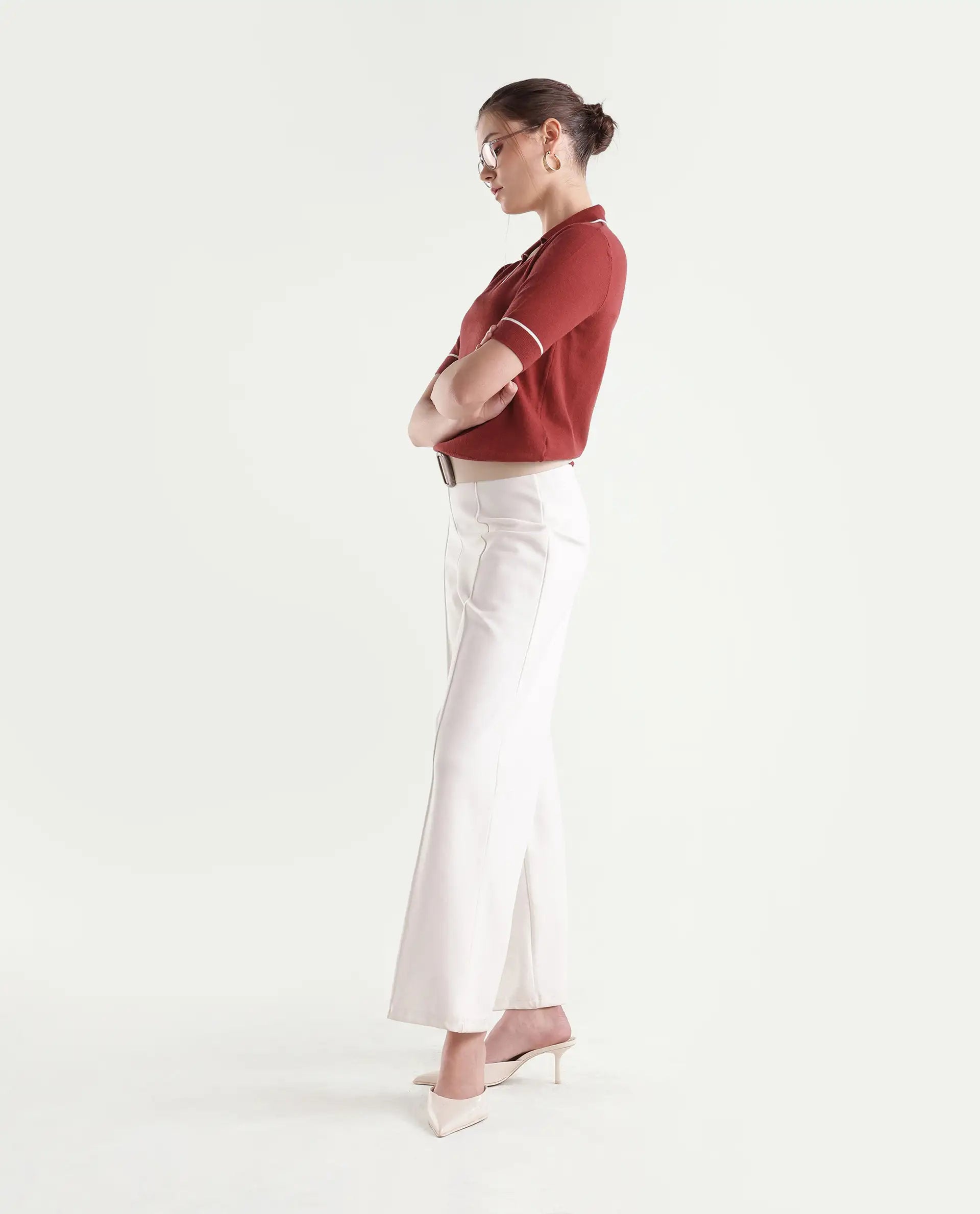 Rareism Women's Lolo Dark Red Viscose Blend Spread Collar Regular Plain Polo