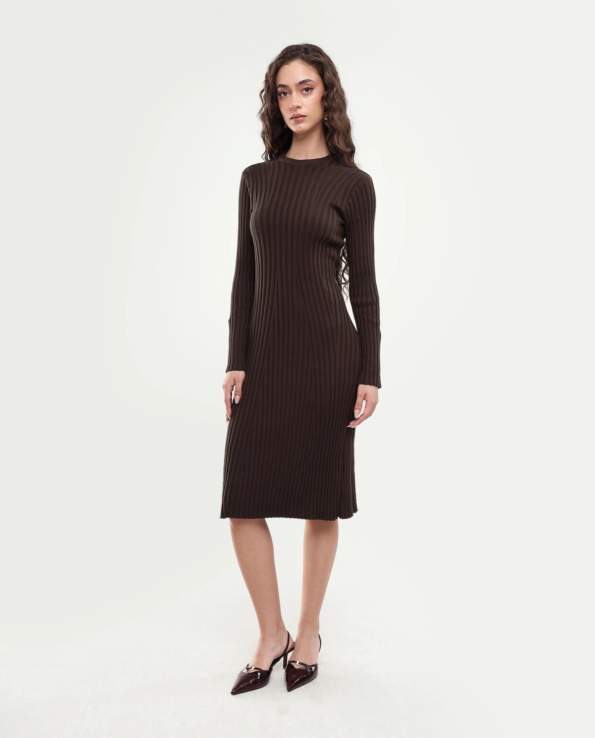 Rareism Women's Locos Dark Brown Cotton Crew Neck Slim Plain Dress