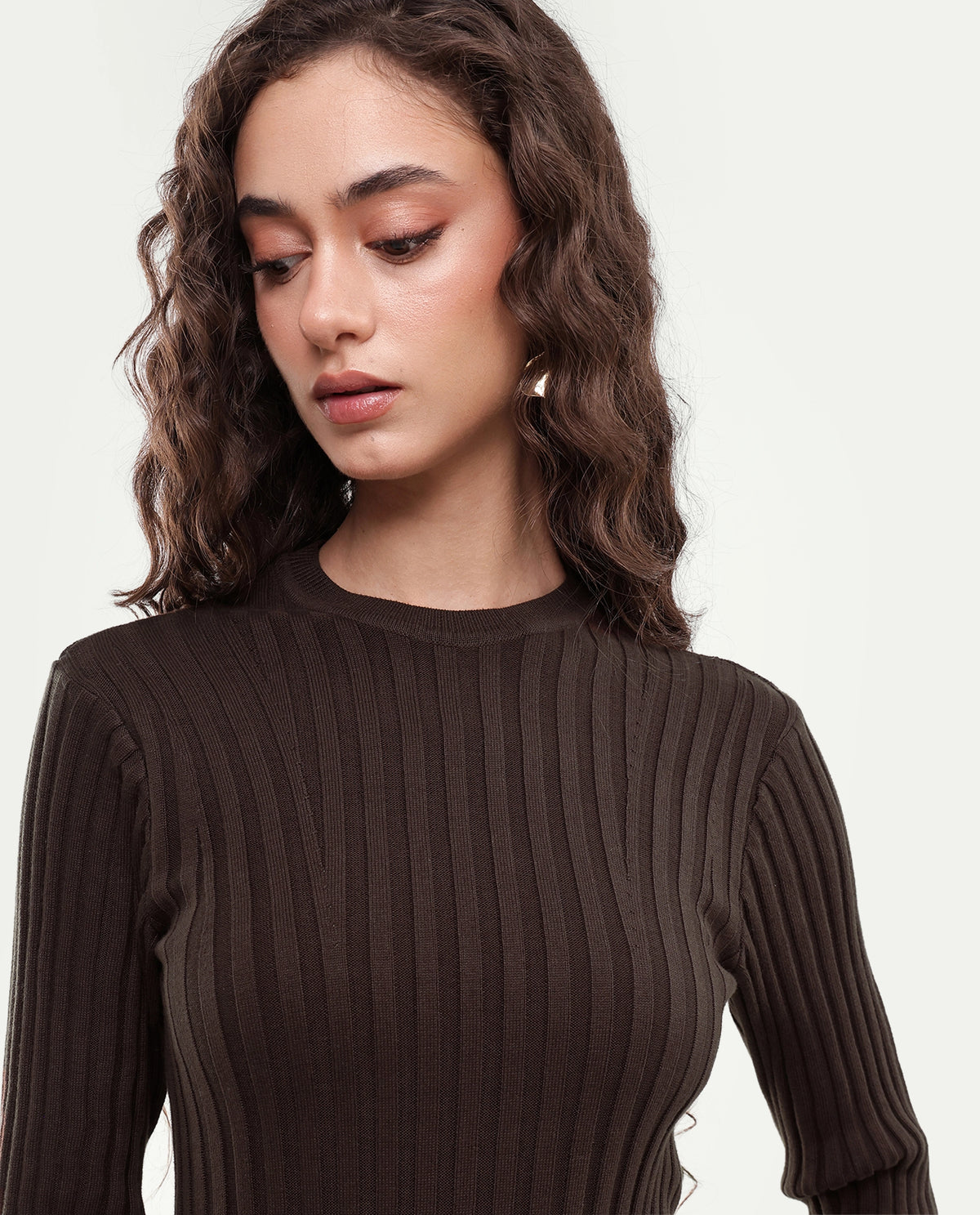 Rareism Women's Locos Dark Brown Cotton Crew Neck Slim Plain Dress