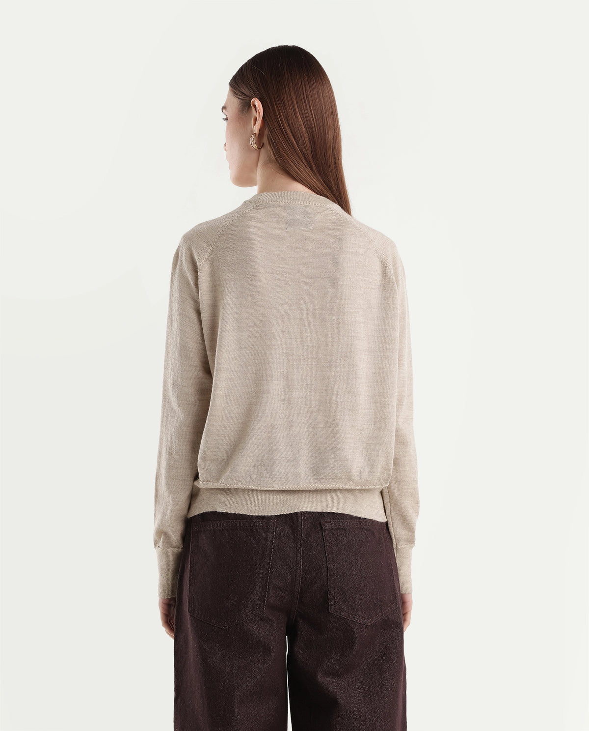 Rareism Women's Lerin Light Beige Wool Pull-On Relaxed Fit Plain Sweater - image 7