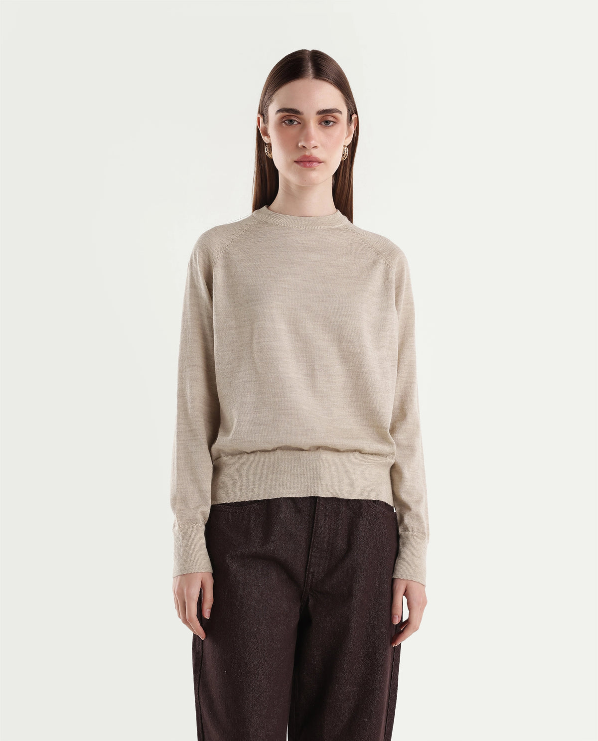 Rareism Women's Lerin Light Beige Wool Pull-On Relaxed Fit Plain Sweater - image 6