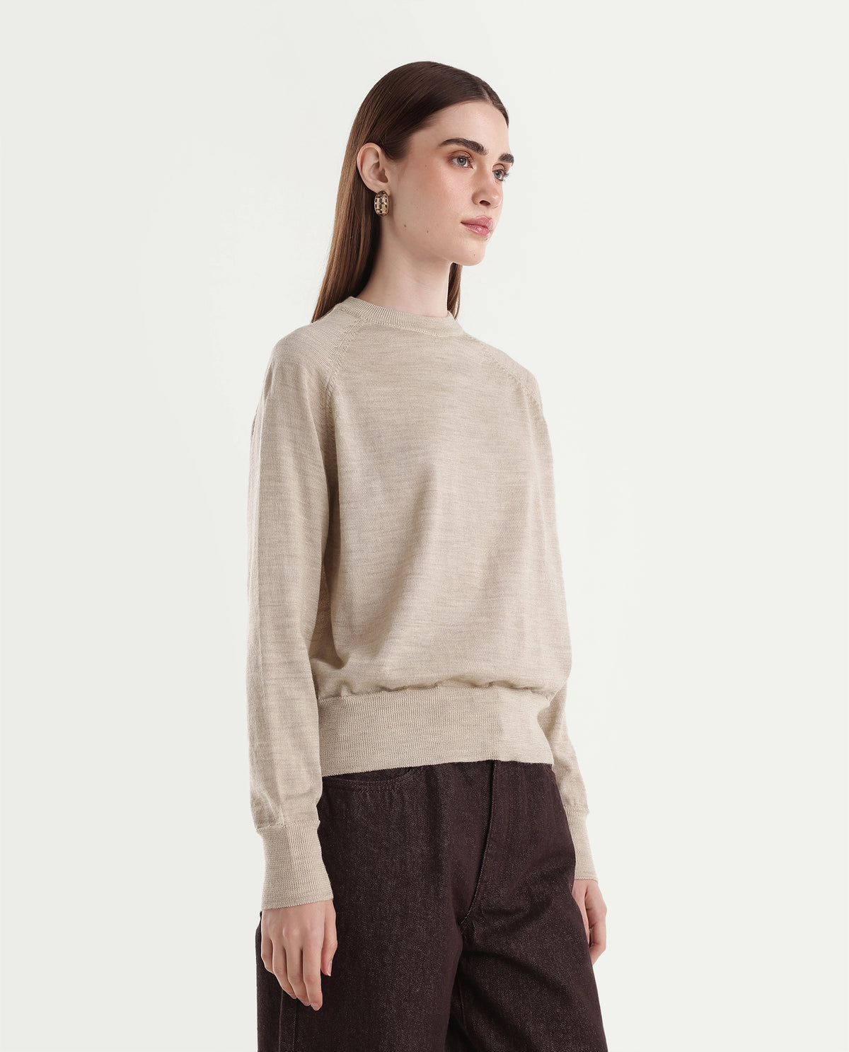 Rareism Women's Lerin Light Beige Wool Pull-On Relaxed Fit Plain Sweater - image 4