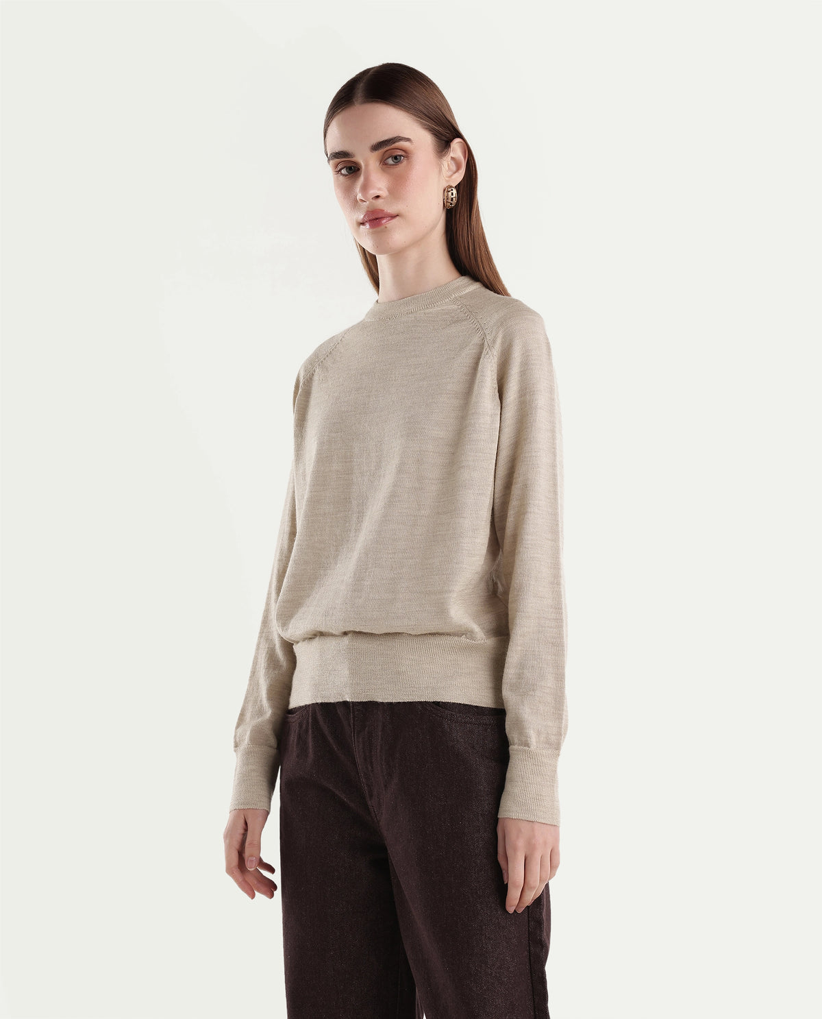 Rareism Women's Lerin Light Beige Wool Pull-On Relaxed Fit Plain Sweater - image 5