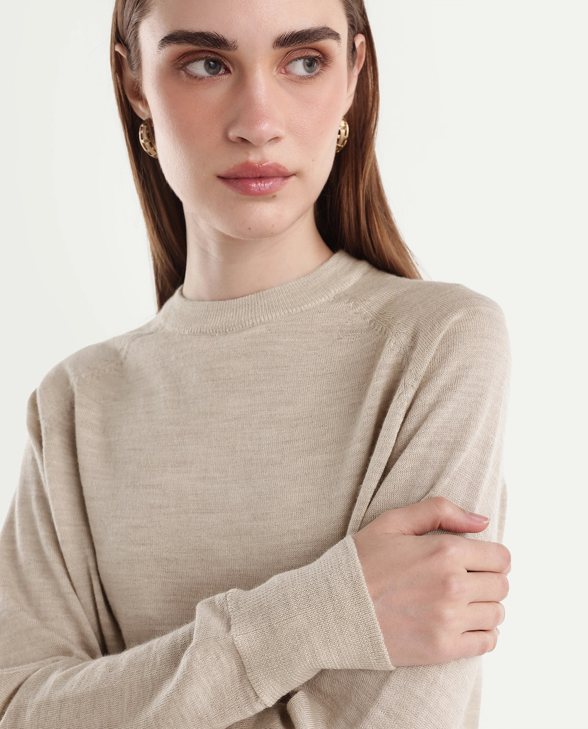 Rareism Women's Lerin Light Beige Wool Pull-On Relaxed Fit Plain Sweater - image 3