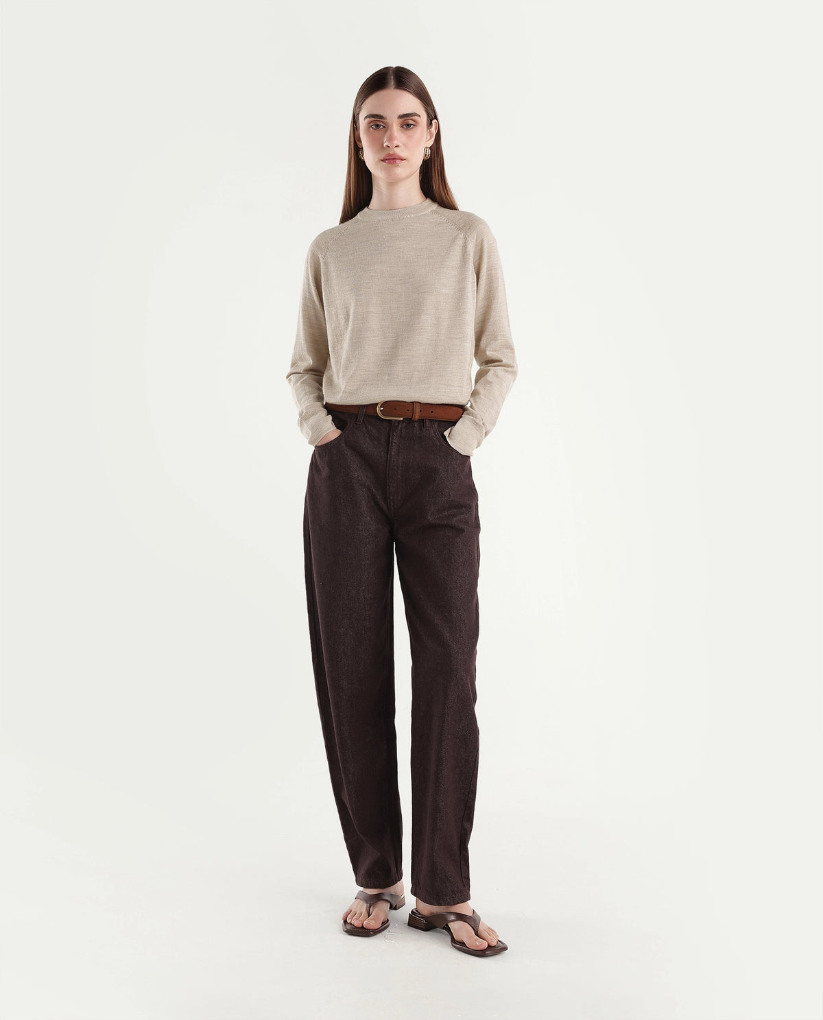 Rareism Women's Lerin Light Beige Wool Pull-On Relaxed Fit Plain Sweater - image 2