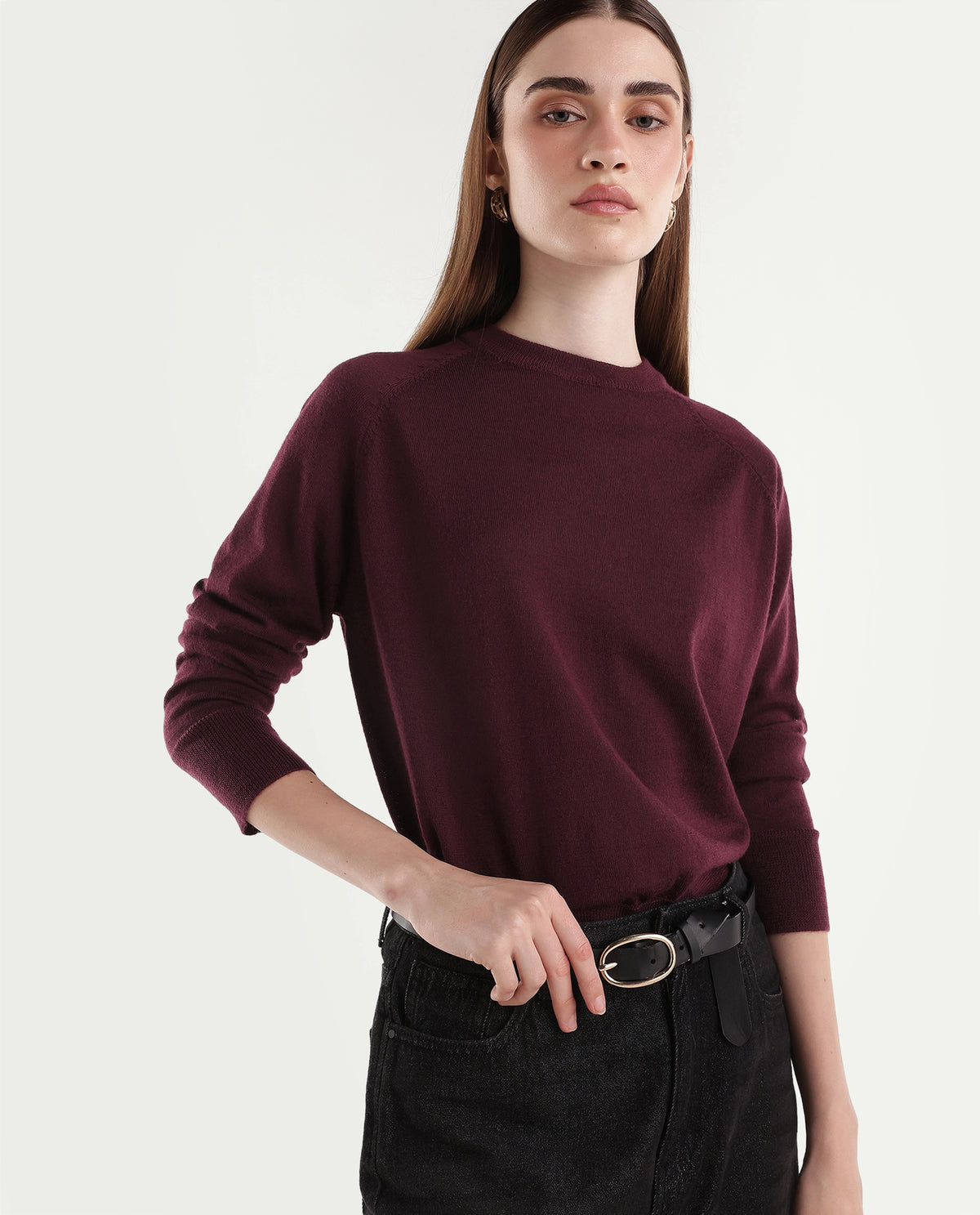 Rareism Women's Lerin Dark Maroon Wool Pull-On Relaxed Fit Plain Sweater - image 1