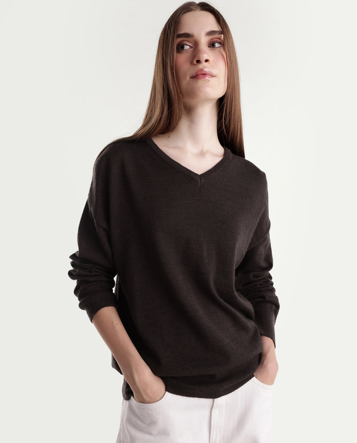 Rareism Women's Lerino Dark Brown Wool V-Neck Relaxed Plain Sweater - image 1