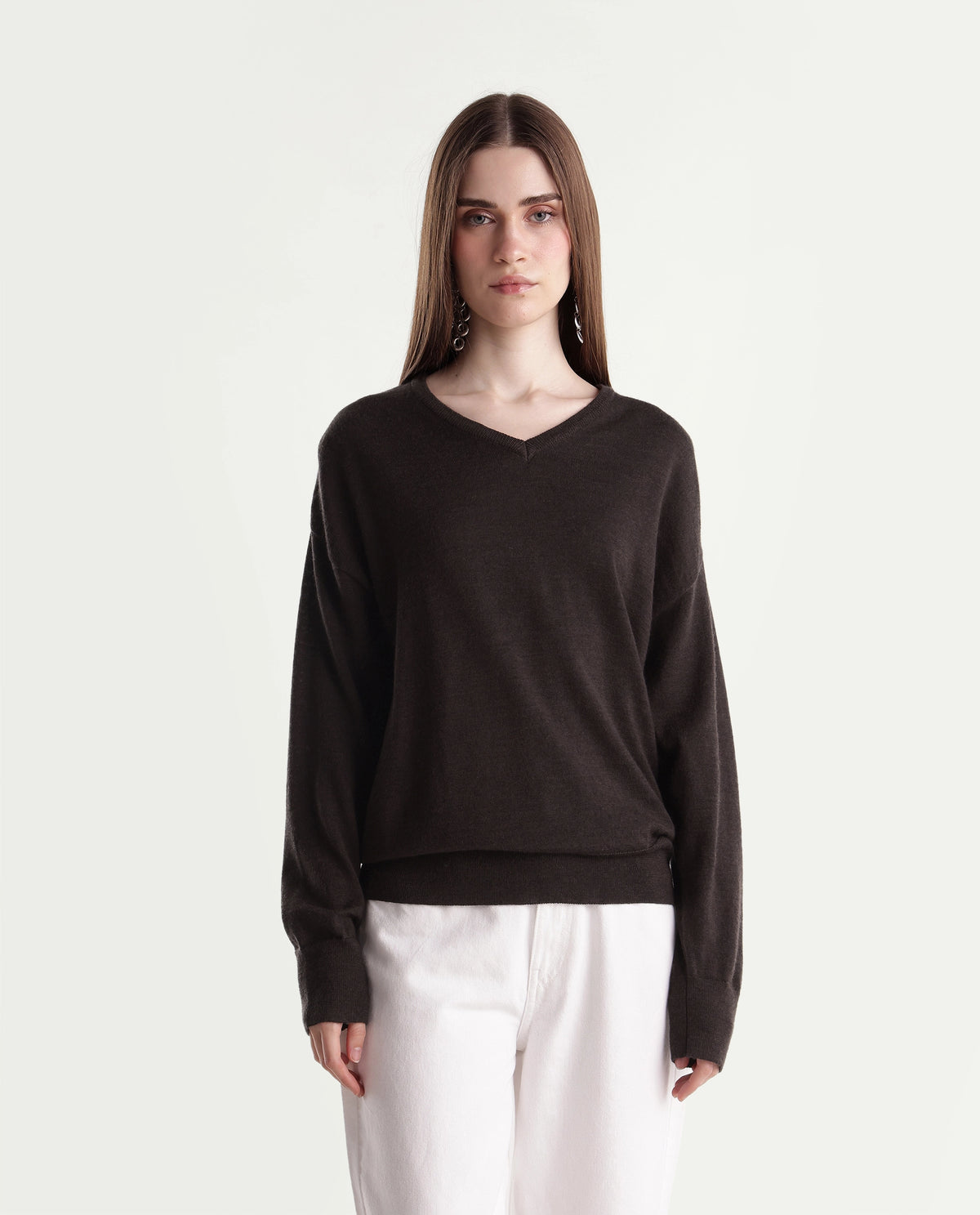 Rareism Women's Lerino Dark Brown Wool V-Neck Relaxed Plain Sweater - image 6