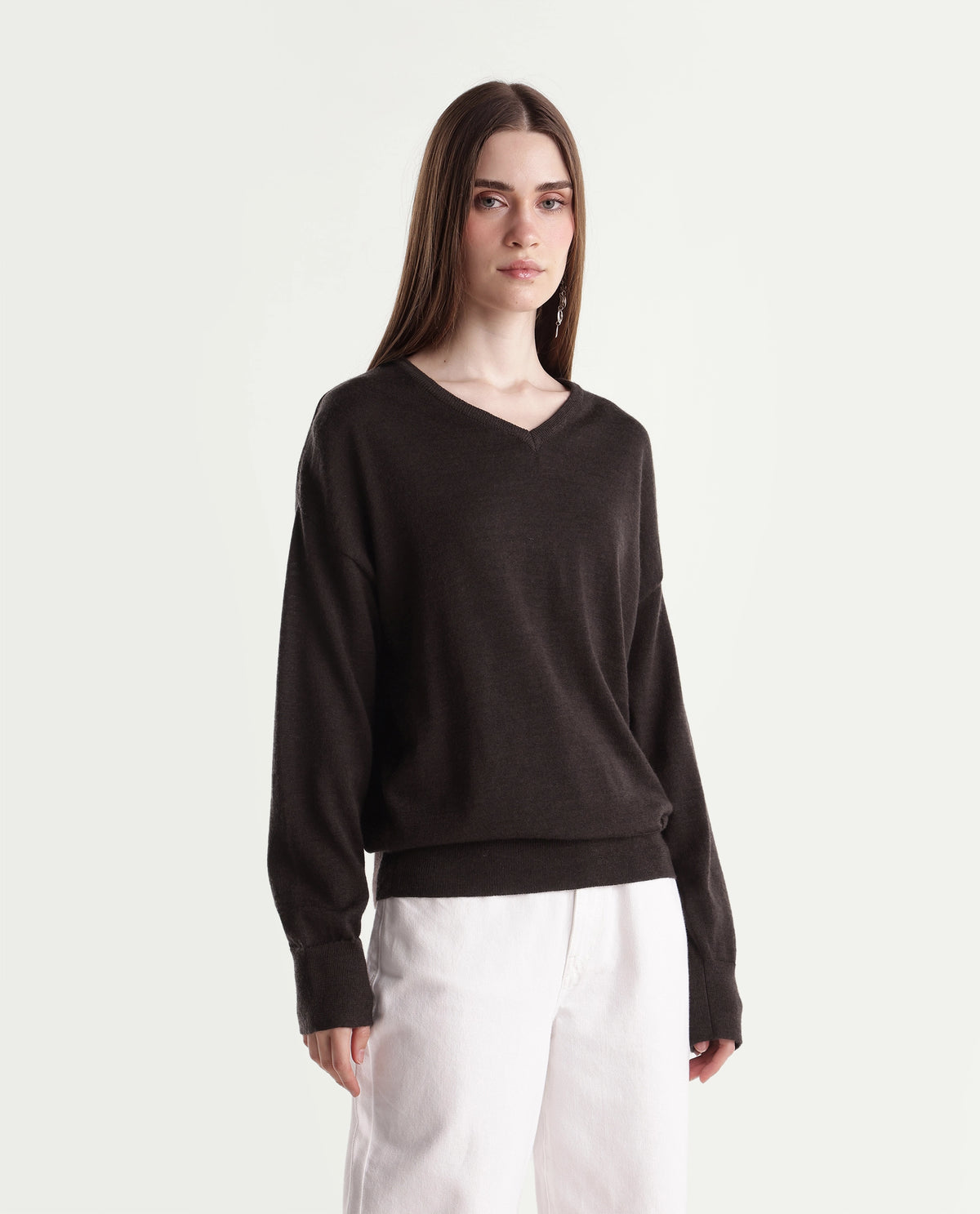 Rareism Women's Lerino Dark Brown Wool V-Neck Relaxed Plain Sweater - image 4