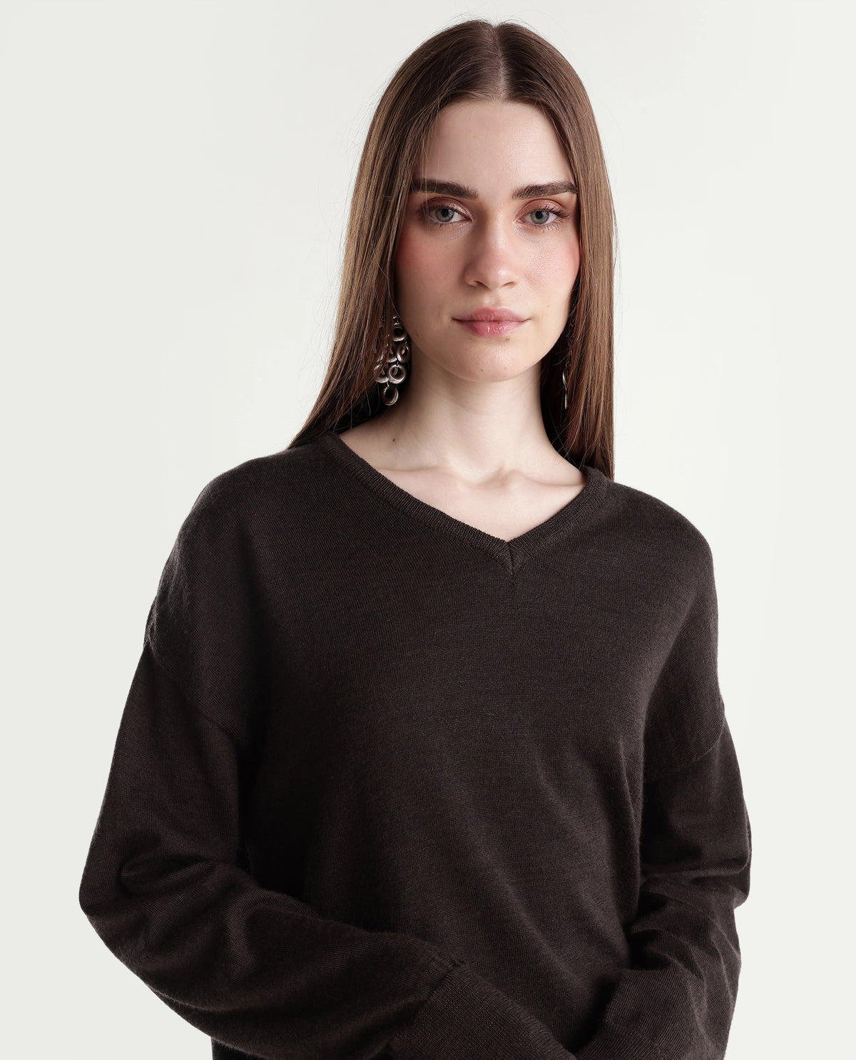 Rareism Women's Lerino Dark Brown Wool V-Neck Relaxed Plain Sweater - image 3