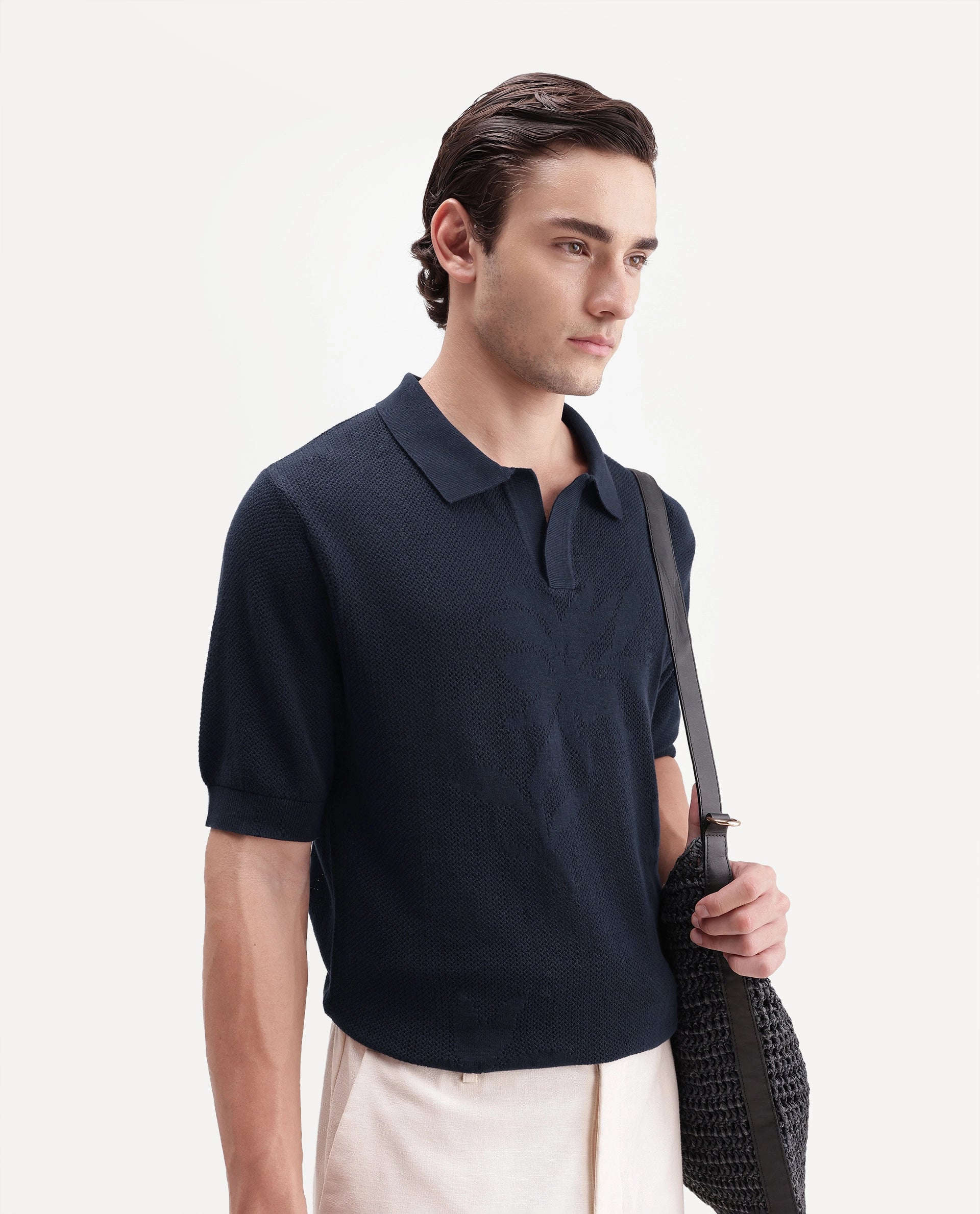 Rare Rabbit Men's Alfie Navy Cotton Regular Fit Textured Polo