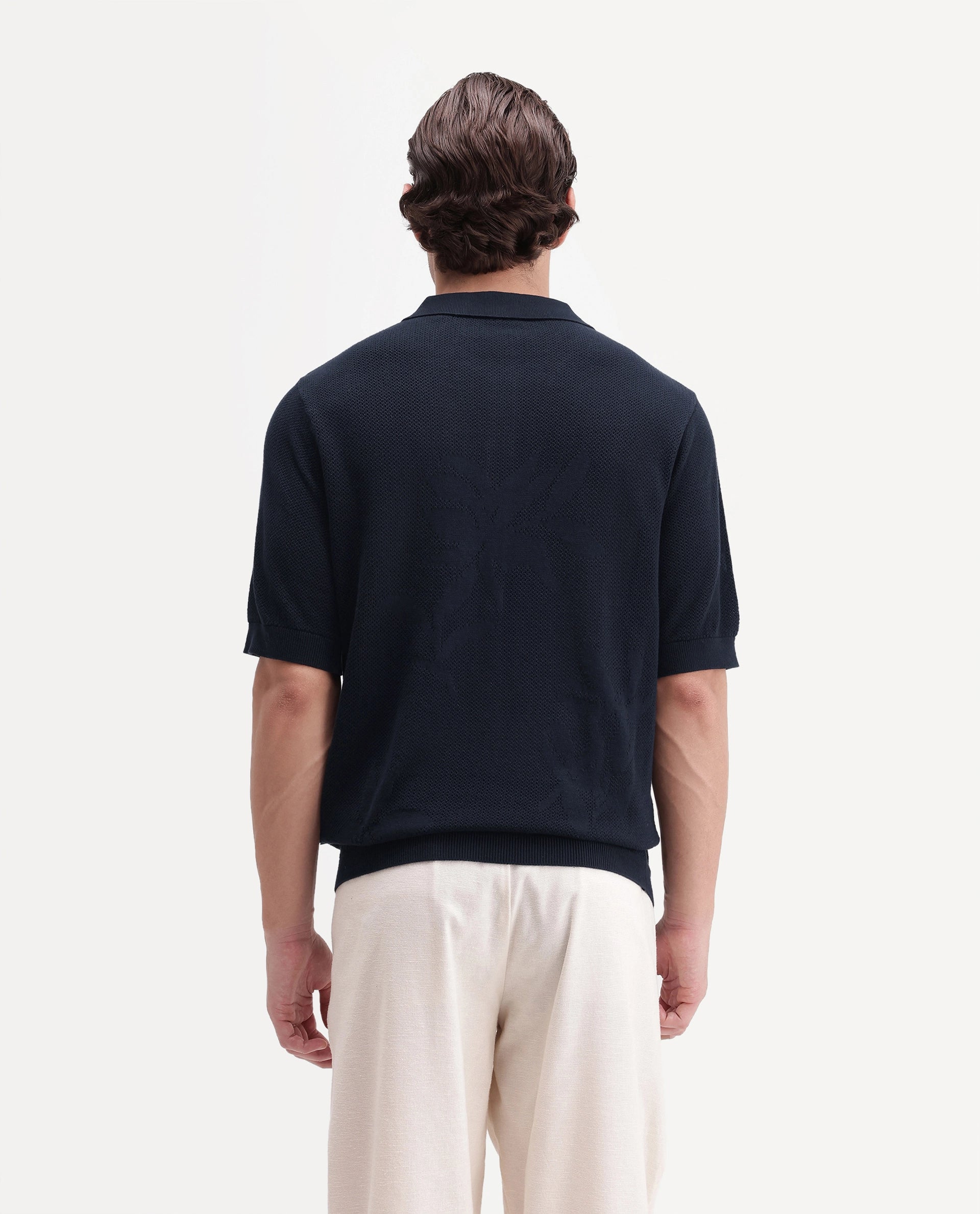 Rare Rabbit Men's Alfie Navy Cotton Regular Fit Textured Polo
